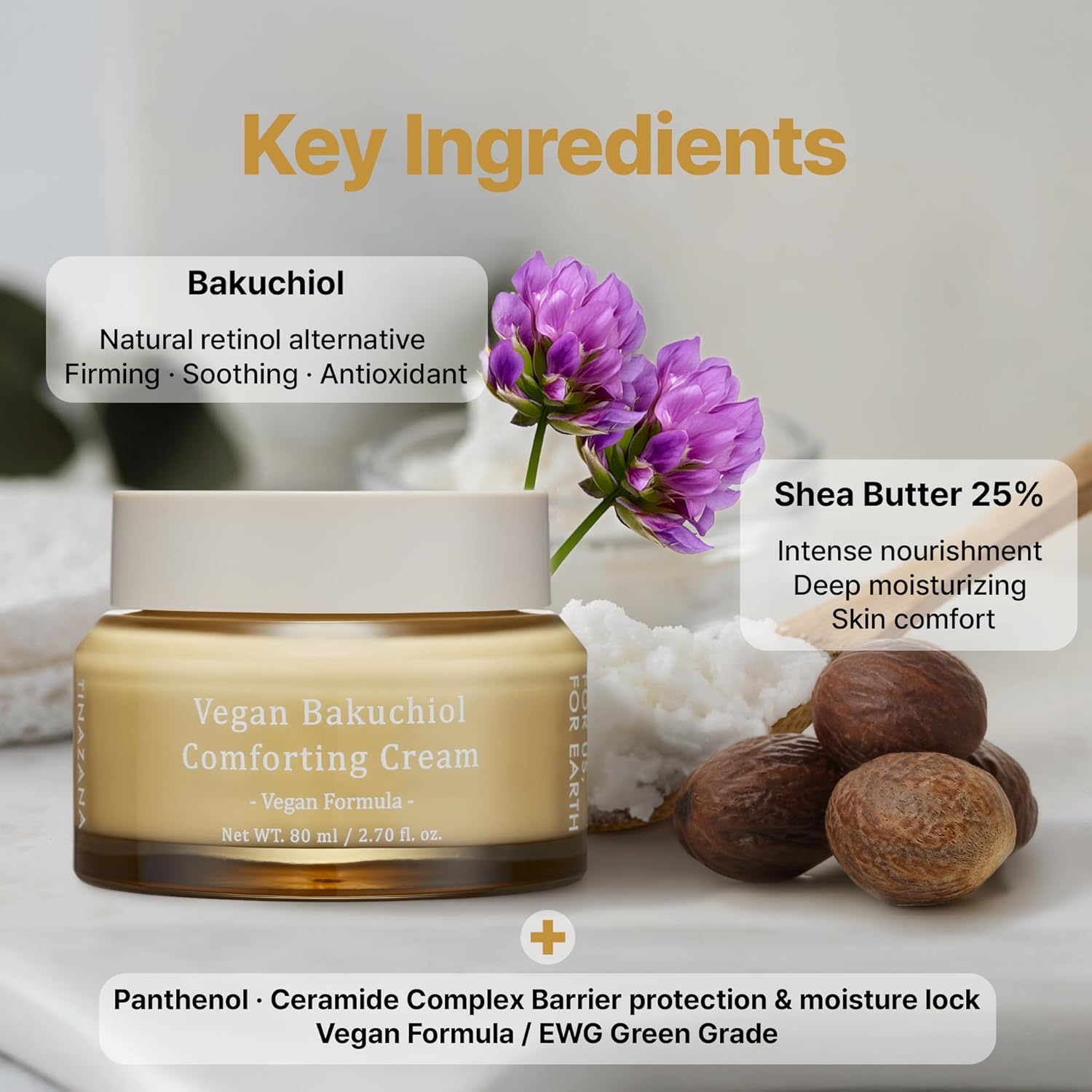 Vegan Bakuchiol Comforting Cream, Gentle Retinol Alternative, 25% Shea Butter, Barrier Strengthening & Hydrating, Dew Drop Texture, 2.7 fl.oz