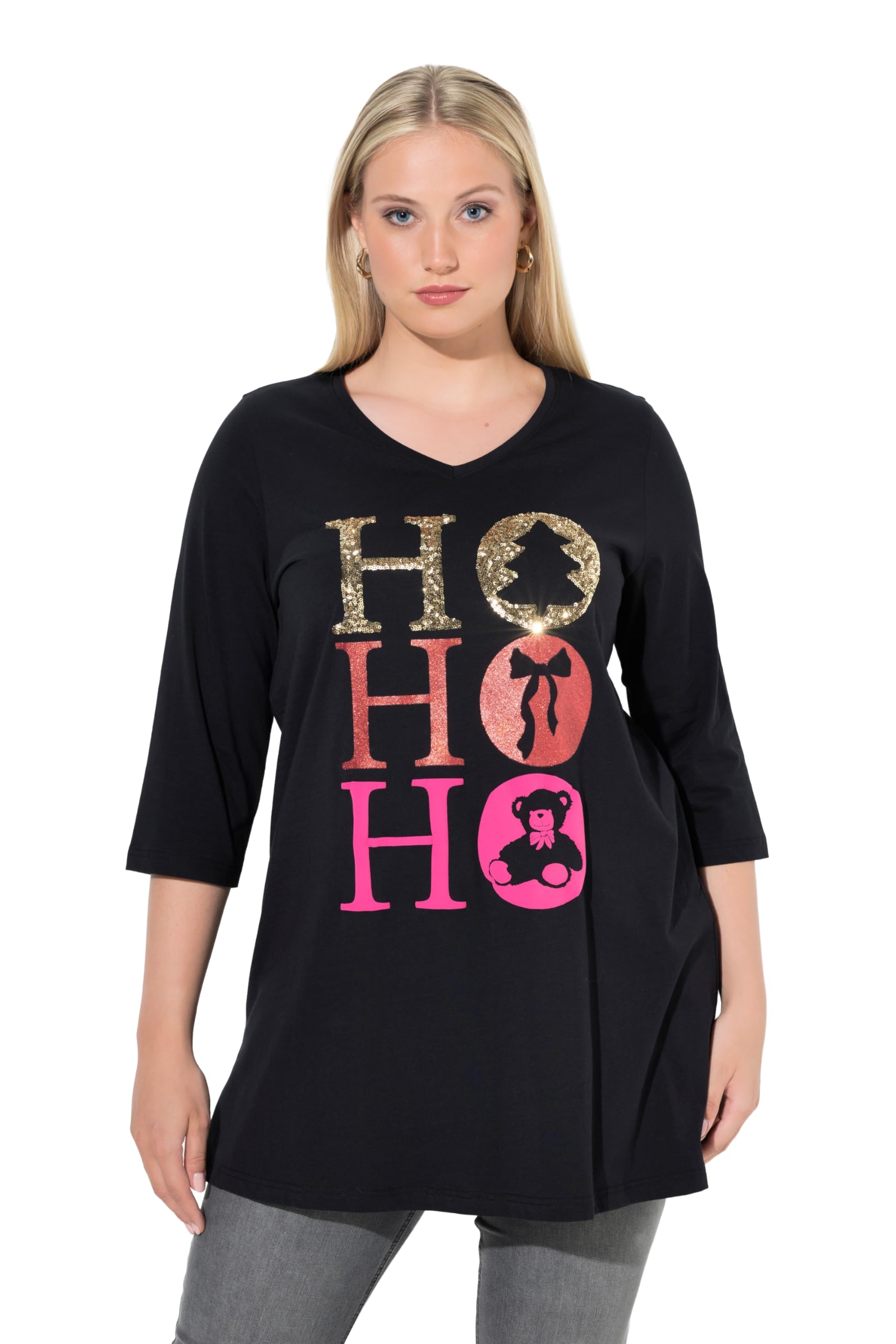 Ulla Popken Damen große Größen Übergrößen Plus Size Longshirt, Ho Ho Ho, A-Linie, V-Ausschnitt, Langarm 844909