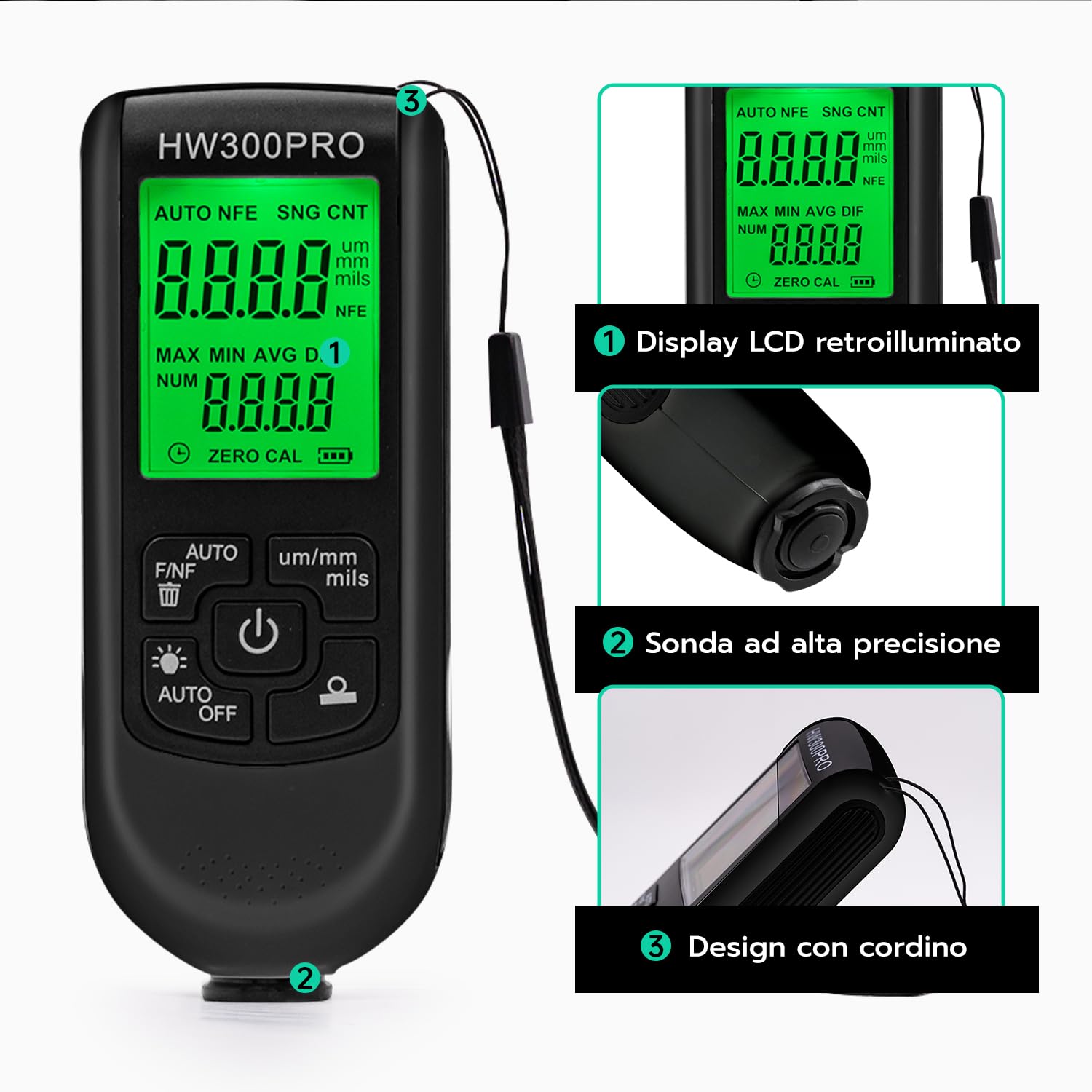 Misuratore di Spessore del Rivestimento Digitale, Spessimetro Vernice 0-2000 um, Display LCD Nero