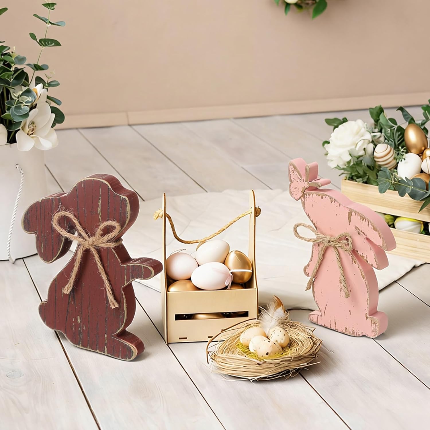 3 Pcs Easter Decor Bunny Table Decorations Wooden Rabbit Shaped Tabletop Centerpieces Farmhouse Rustic Pnik Bunny Table Sign with Rope Gifts for Tiered Tray Home Kitchen Shelf Mantal Spring - Image 5