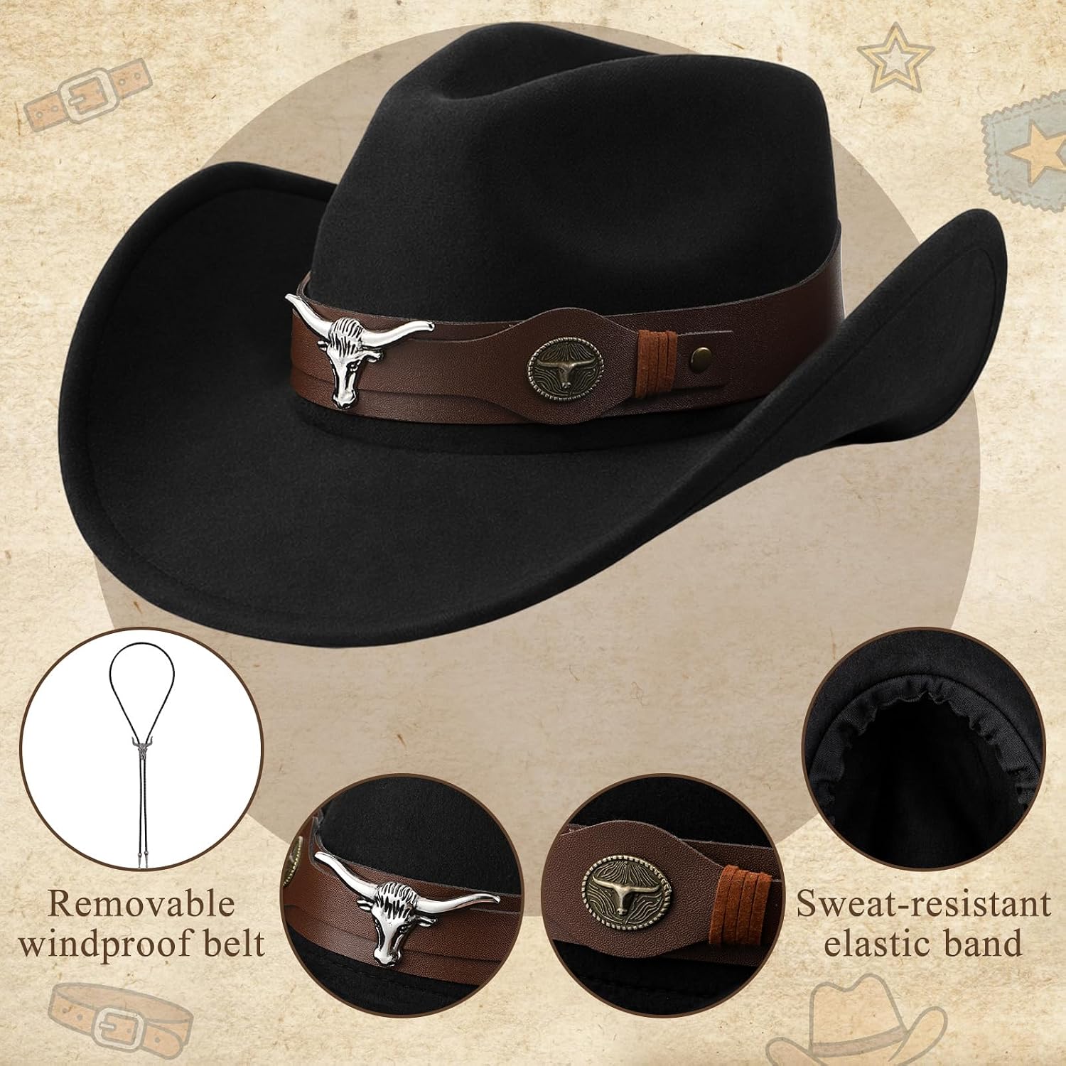 Unittype Western Cowboy Hat for Women Men with Bolo Tie Felt Fedora Shapeable Wide Brim Hat for Cowboys Cowgirls Outfit Black