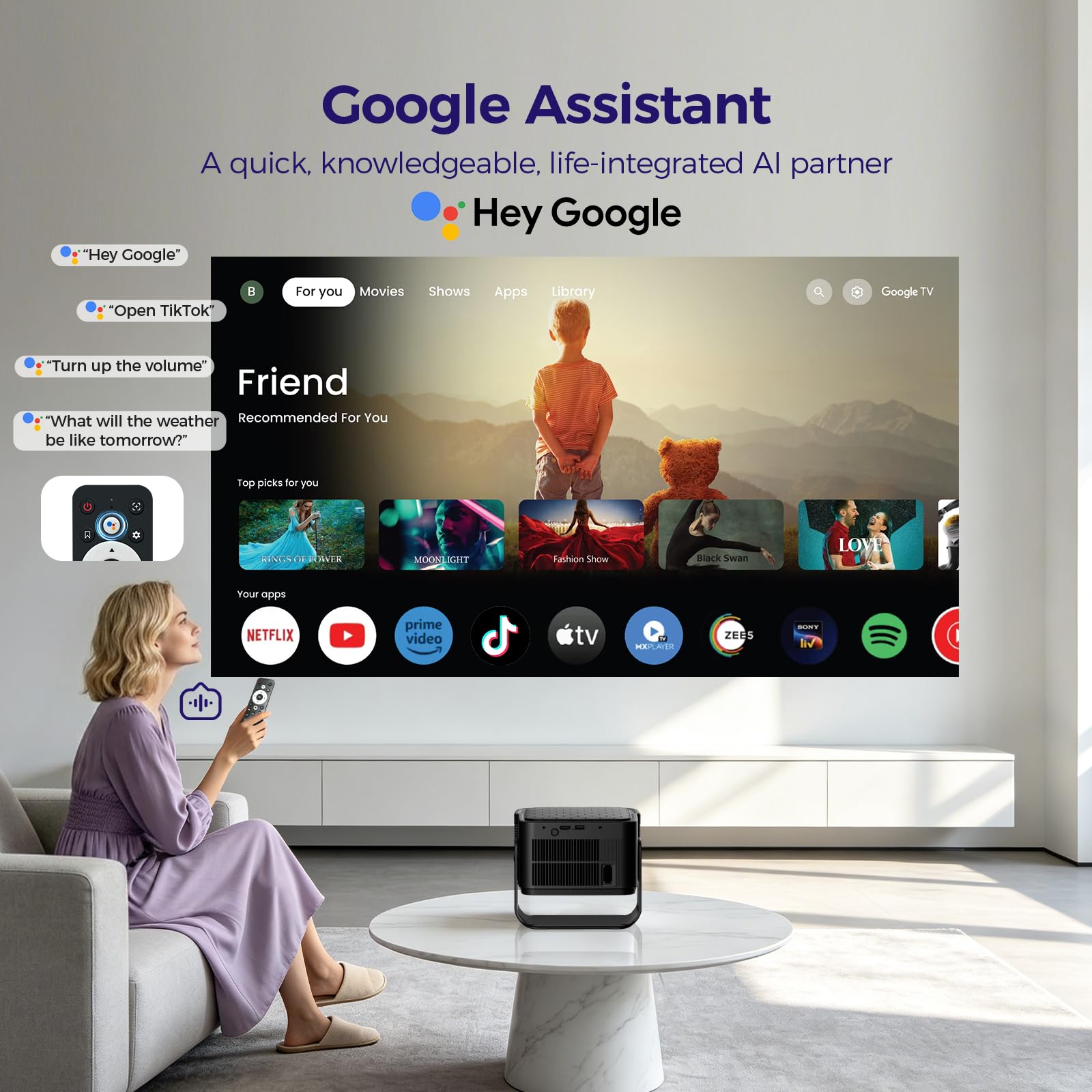 Beamer [Google TV 50000+ Apps & 4K 8K Support 1080p Native Auflösung & Automatische Bildschirmkorrektur] 700 ANSI HDR10+, KI-Sprachassistent, Duale 10W 3D Lautsprecher, Tragbarer Projektor, Schwarz