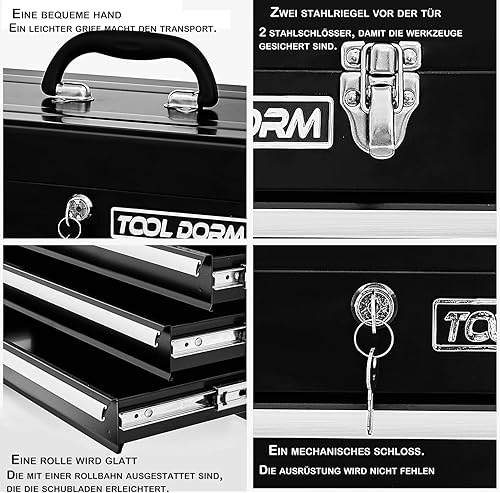 Vista 4 de Caja de herramientas de metal de 20.3 pulgadas con cajones, caja de herramientas de acero portátil con forro protector y cierre de pestillo y Negro
