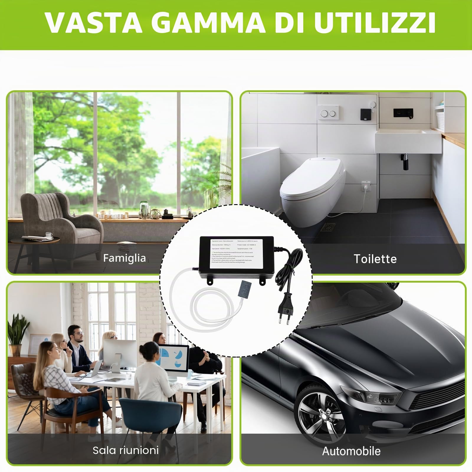 Generatore di ozono per acqua e aria, 1000 mg detergente per ozono domestico, purificatore d'aria con allergie, ozonizzatore multipurposo, filtra polline, polvere, batteri, ecc. cucina, fumo,