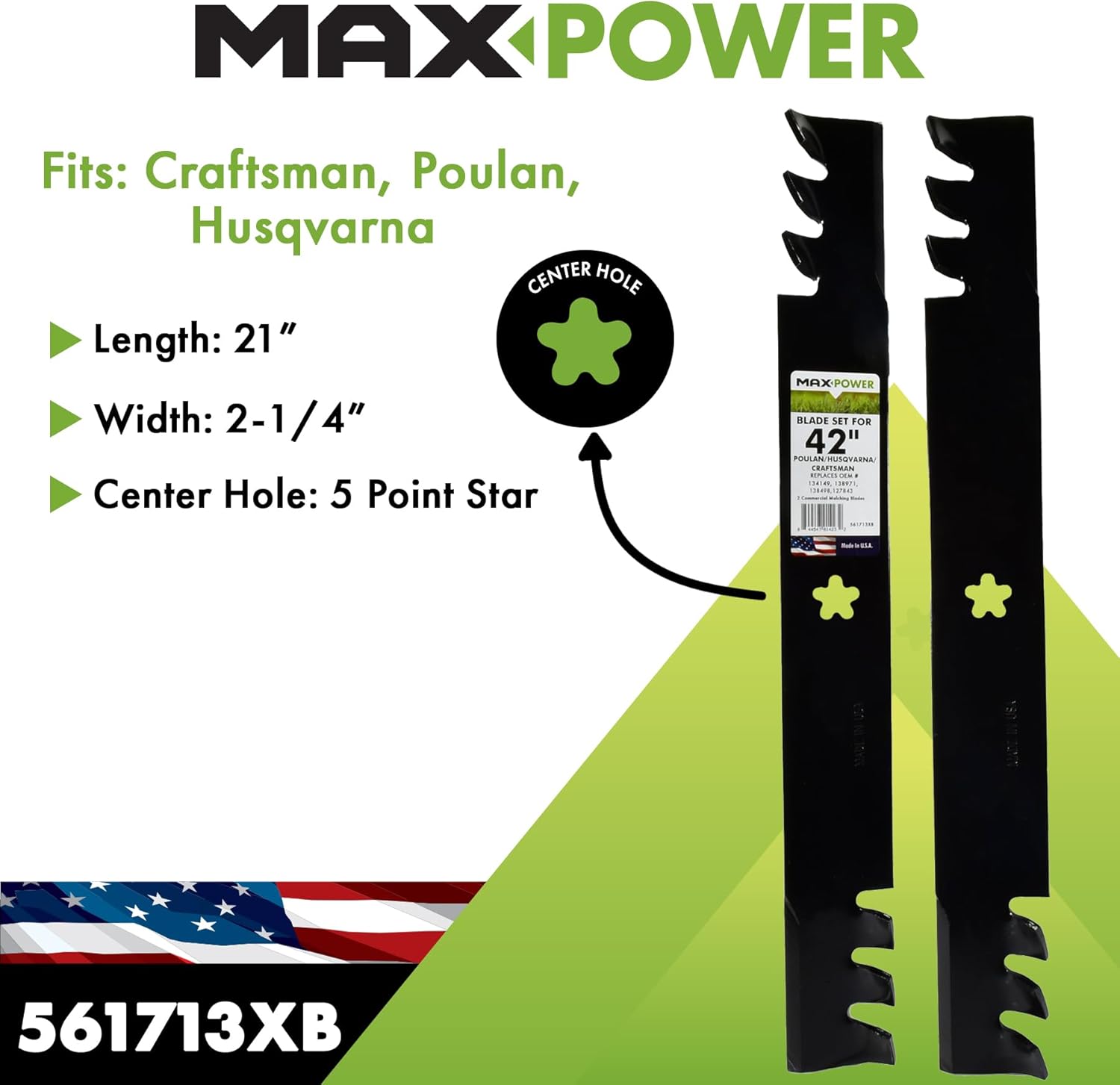 maxpower 561713xb 2 commercial mulching blade set for many 42 in. cut craftsman, husqvarna, poulan mowers replaces oem #'s 138498, 138971, 532138971, 532127843, 532138498 mulching 2-blade set