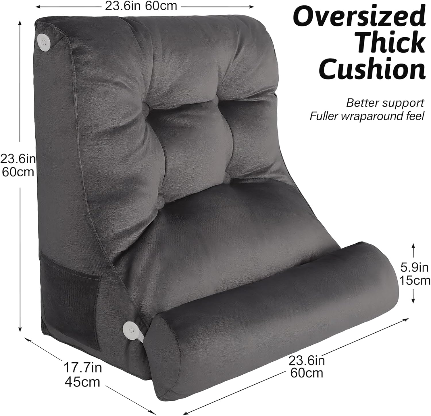 2PCS Reading Backrest Pillow Set,Soft FleeceLike,22''x24'' Bed Rest Pillow w/Removable Washable Cover,for Sit/Sleep,Leg/Back Support,Acid Reflux,PostSurgery Relief,Side Phone Pocket,Dark Grey - Image 2