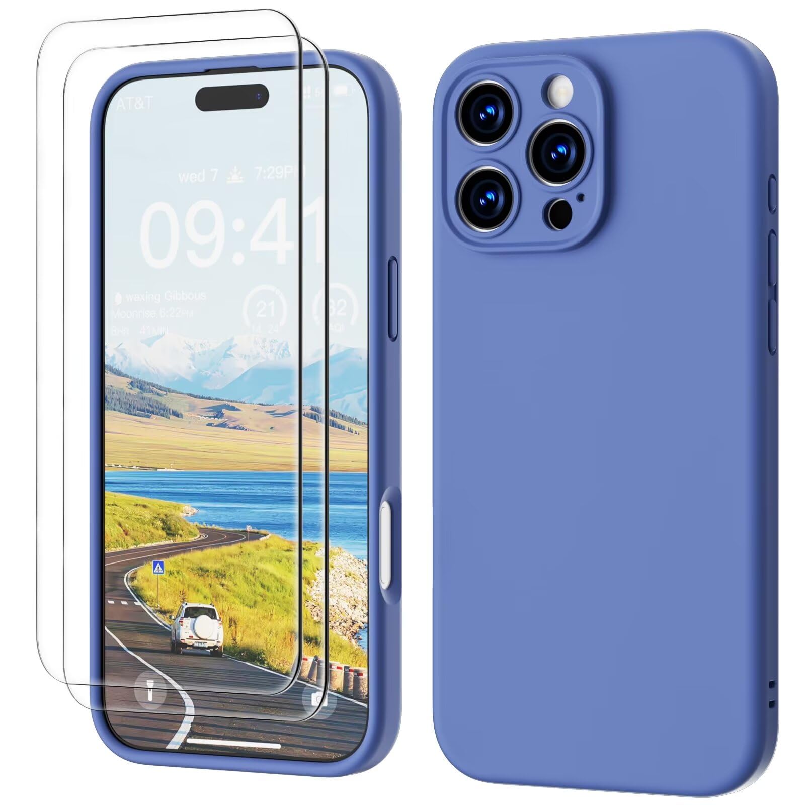 GOODVISH 3 in 1 Silicone Cover per iPhone 16 Pro Max 6.9", Custodia con 2 Pellicola Vetro Temperato [Protezione Fotocamera] 360° Protezione Anticaduta Case per Cellulare Antiurto Resistente, Blu