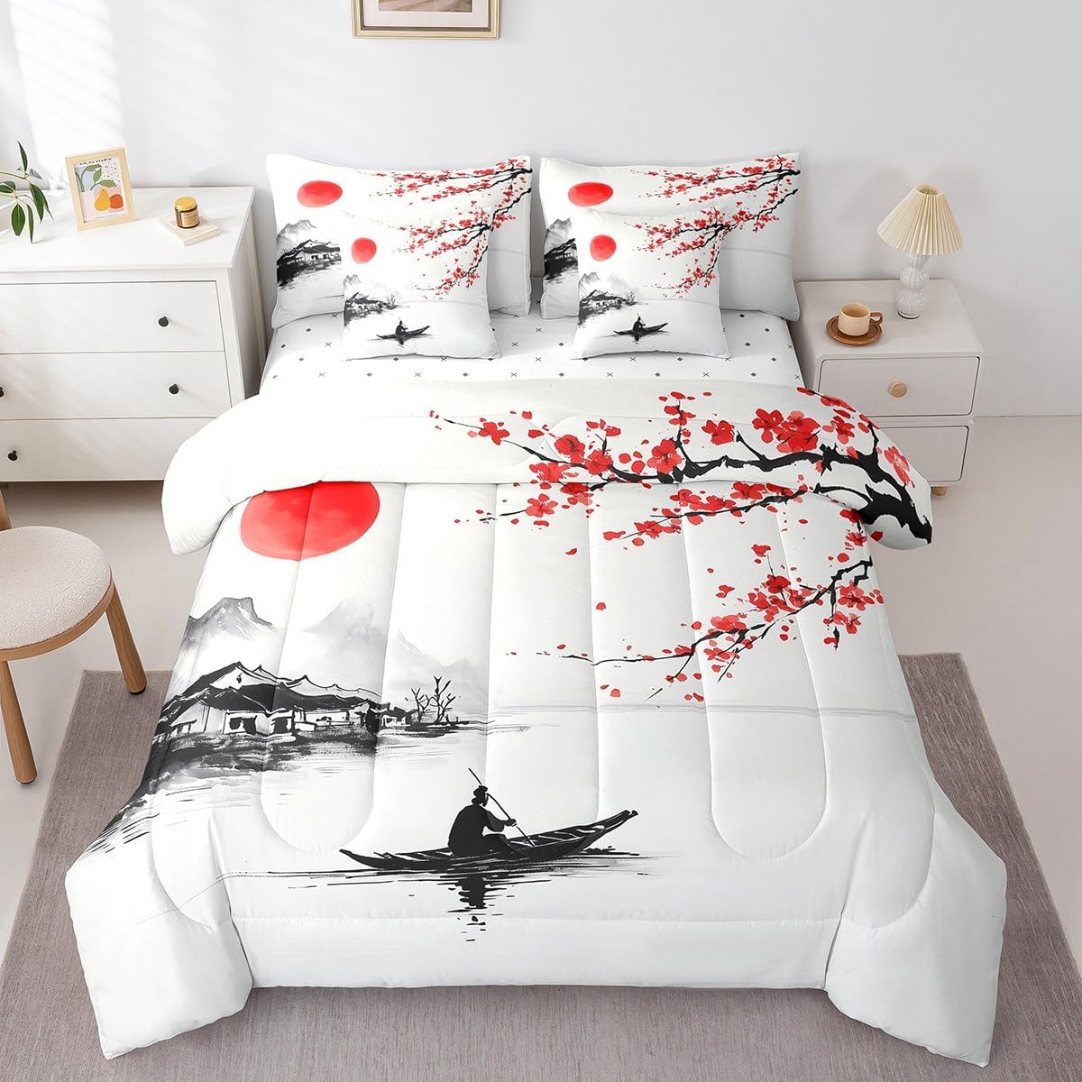 jejeloiu Japanese Style Comforter Set with Sheets Twin Size Kids Red Cherry Blossoms 7 Pieces Bedding Set for Boys Girls Teens Mount Fuji Bed in a Bag Breathable Ink Painting Bed Set Orange Sunset