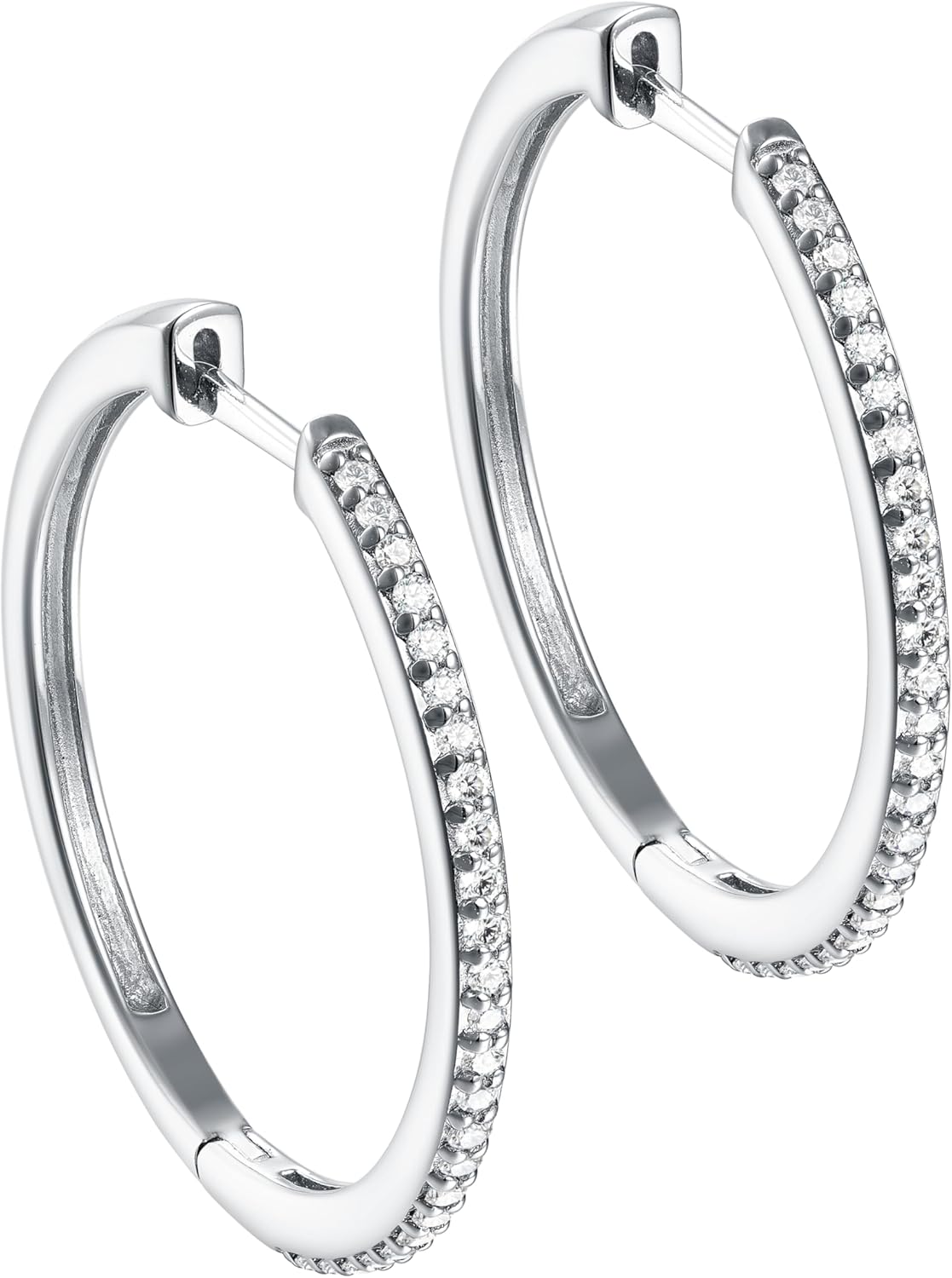Natural Diamond Round Cut Hoop Earrings for Women 0.25 Ct 925 Sterling Silver Rhodium Plated 1" Diameter