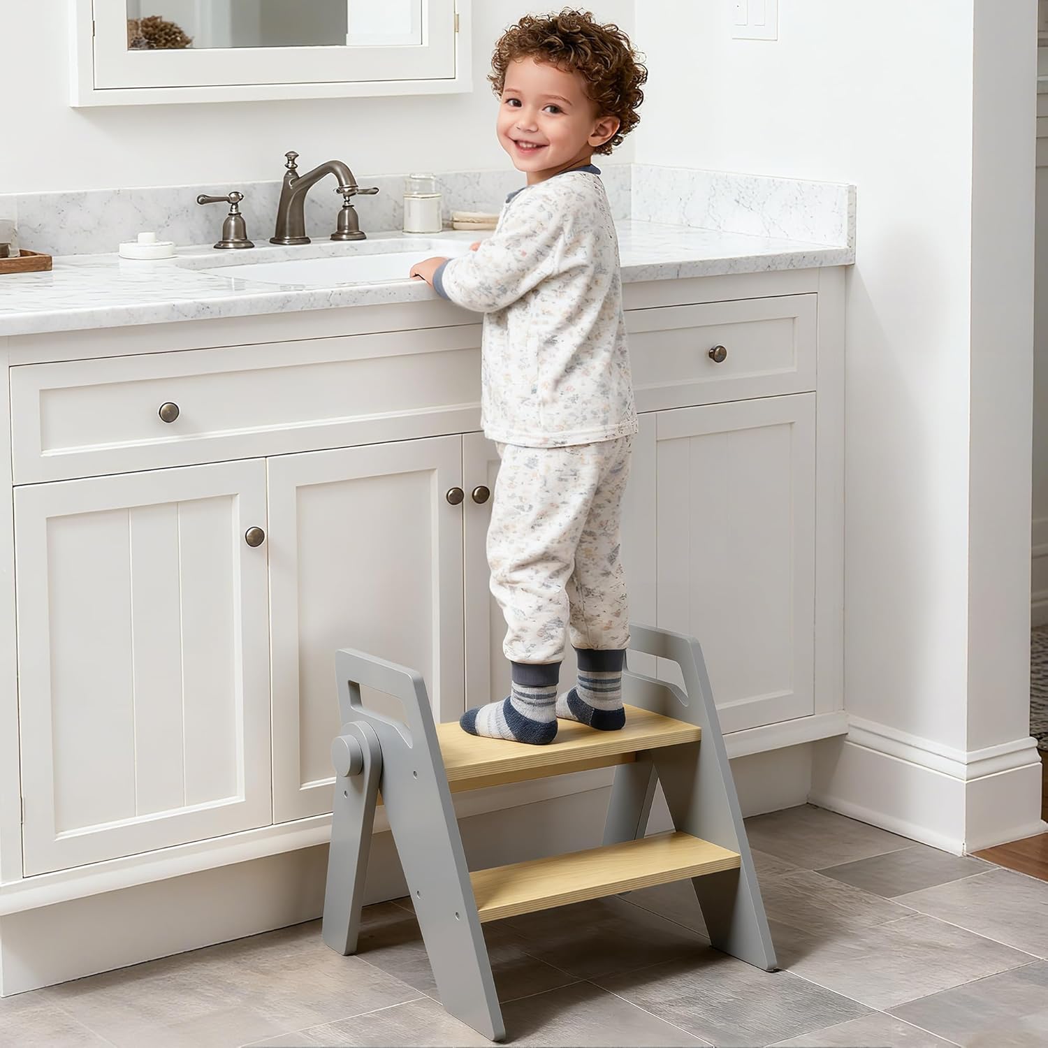 Toddler Kids Step Stool: Wooden 2 Step Stool for Bathroom Sink Kitchen, Foldable with Side Handles, 300 lbs Capacity, Non-Slip A-Frame, Natural Wood Color