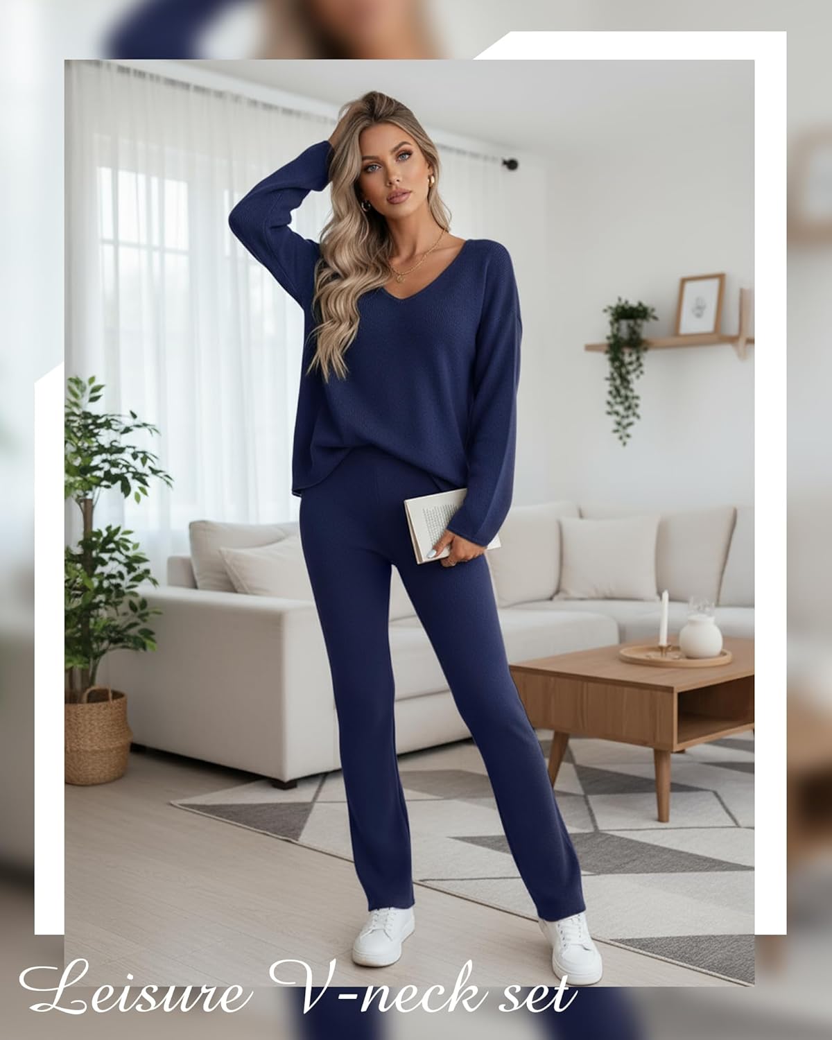 Women 2 Piece Knit Set Long Sleeve Sweater Loungewear Casual V Neck Outfits Fashion Vacation Travel Matching Set - Image 4