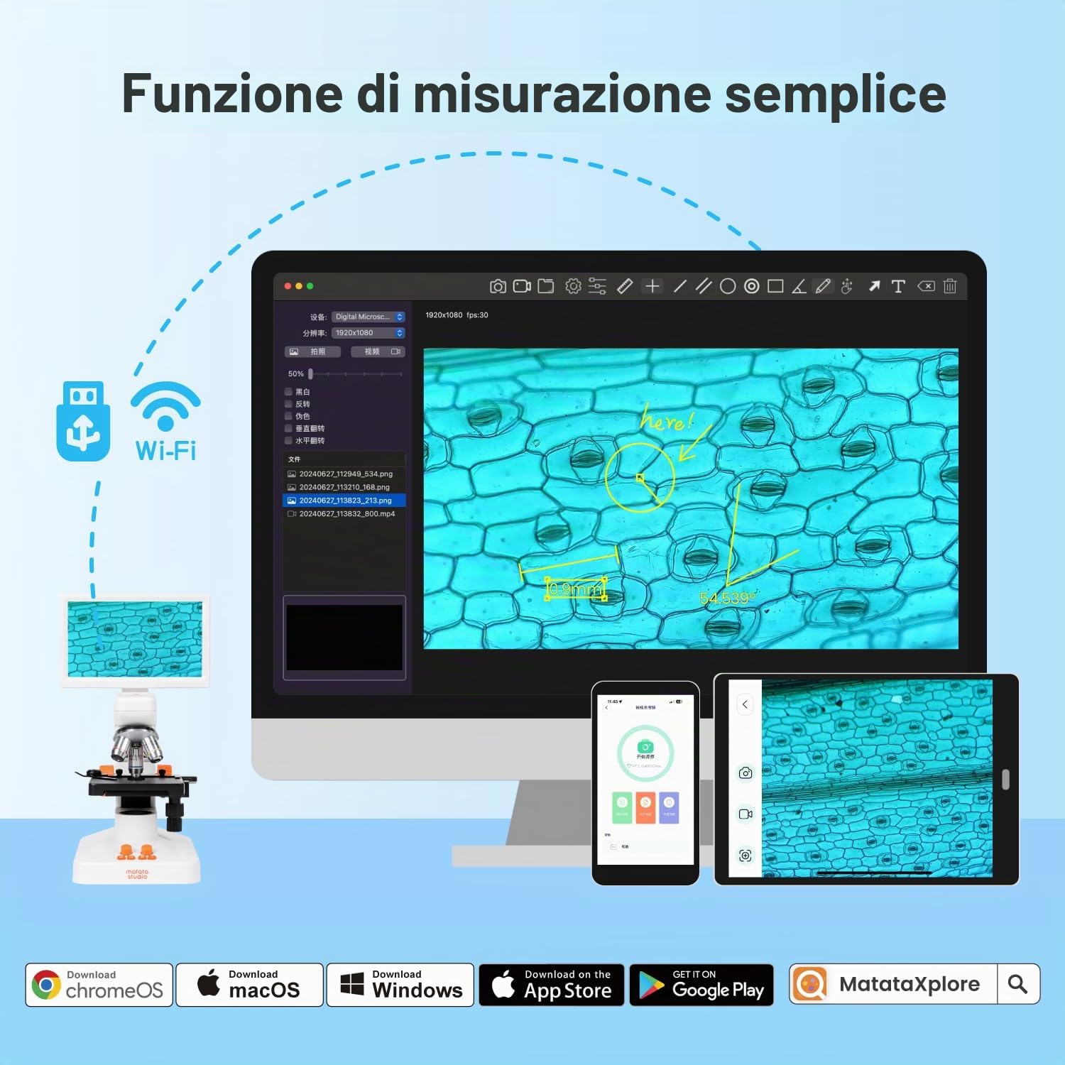 Microscopio Digitale Wireless, MatataStudio MT3-2 1200x Microscopio Biologico Professionale con Schermo LCD 7'' 1080p, X-Y Tavolino, Luce Incidente/Trasmessa 3 Obiettivi 10 Vetrini Scheda SD da 8 GB