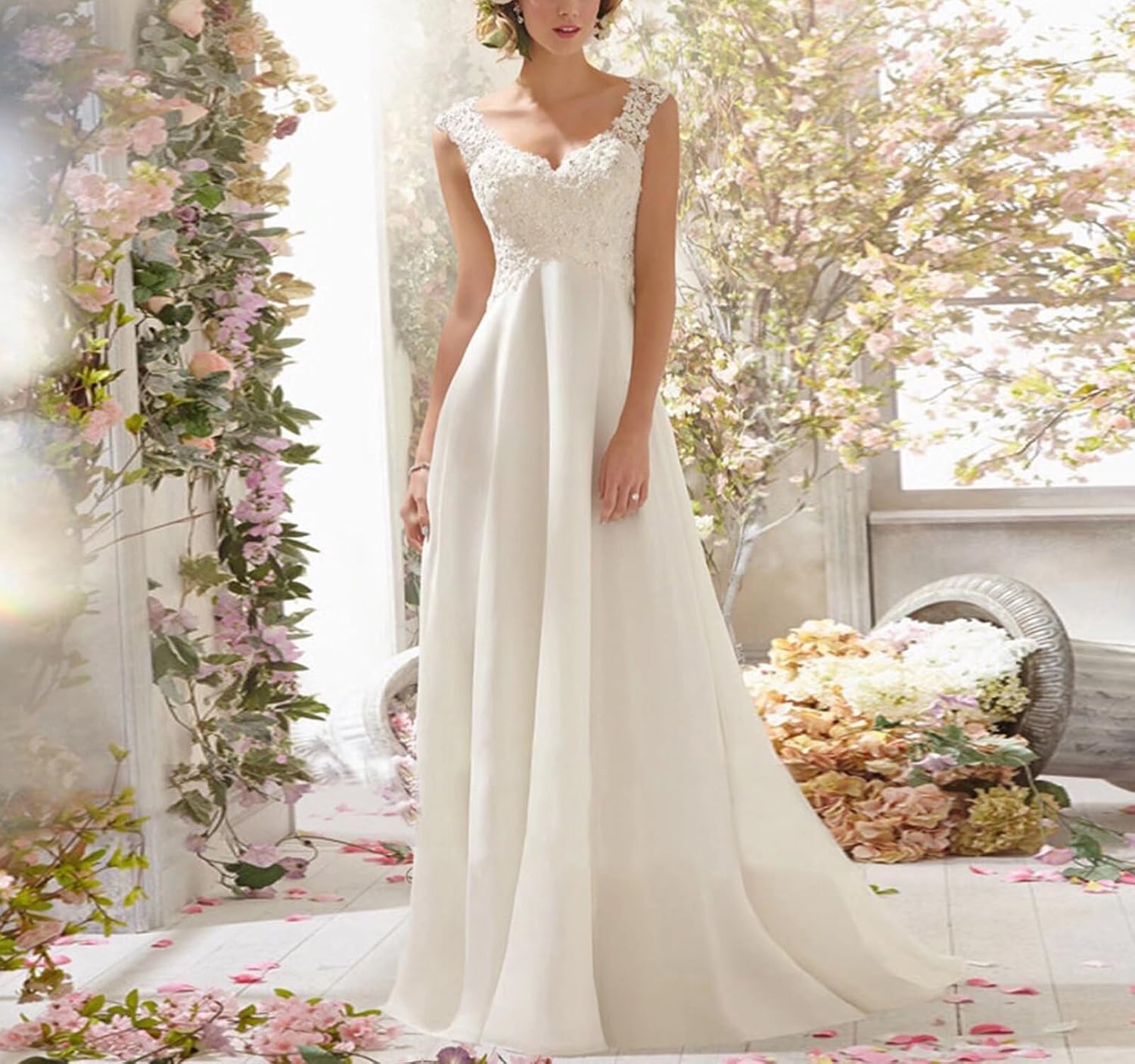 Laces Appliqued with Sequin and Beading Beach Wedding Dress for Bride Chiffon Long Formal Evening Prom Dress