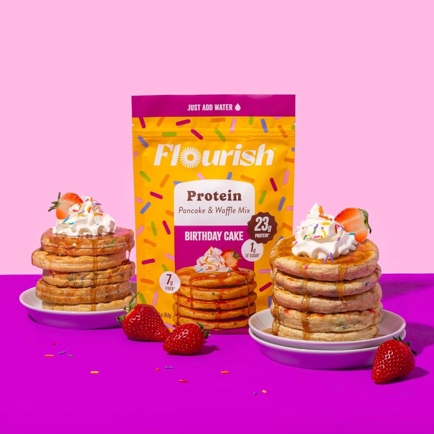 Flourish Protein Pancake & Waffle Mix, with Whey Protein & Flax Seed, No Added Sugar, High in Protein & Fiber - Just Add Water - Birthday Cake Flavour 16oz (2 pack)