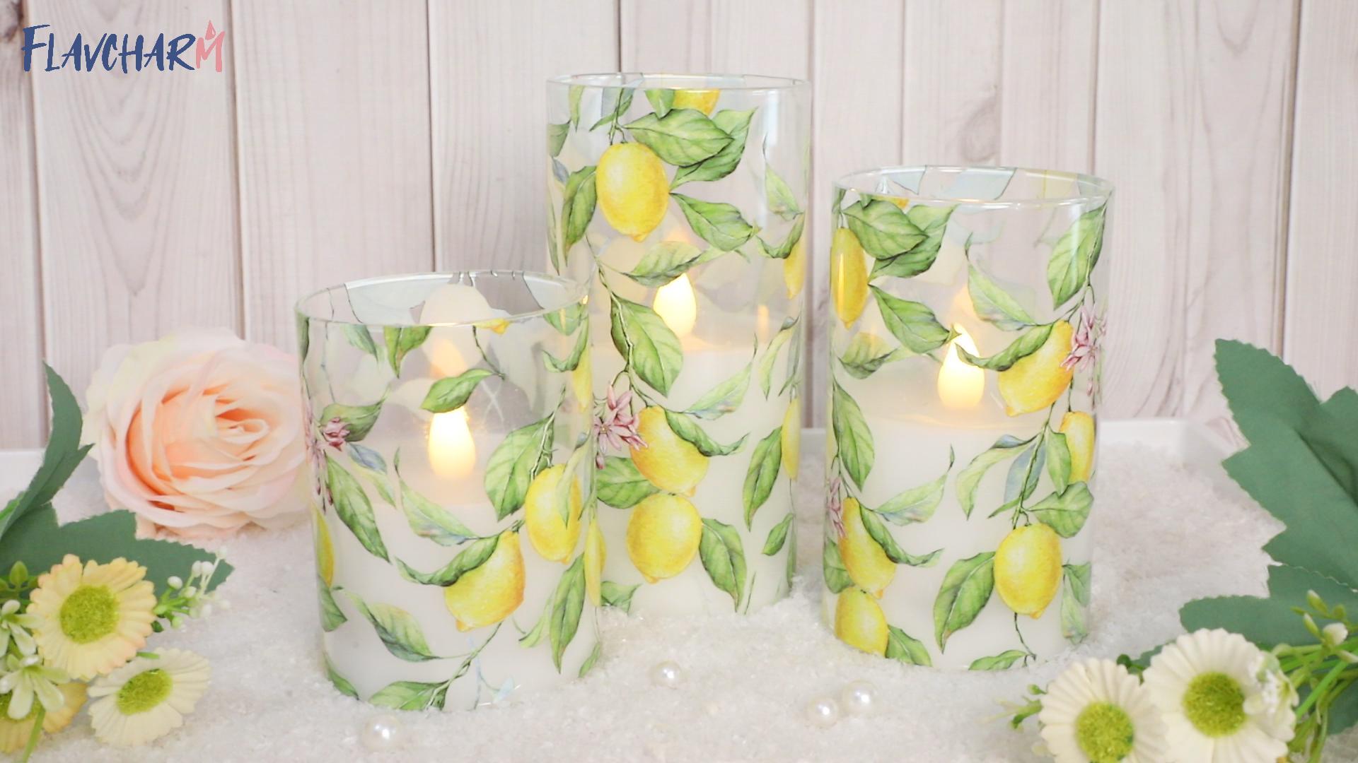 Image of Lemon Glass Flameless Candles with Remote Timer Battery Operated LED Flicker Real Wax Pillar Candles Spring Summer Lemonade Party Kitchen Table Dinner Christmas Holiday Decor D3 x H4, 5 inch, 6 inch