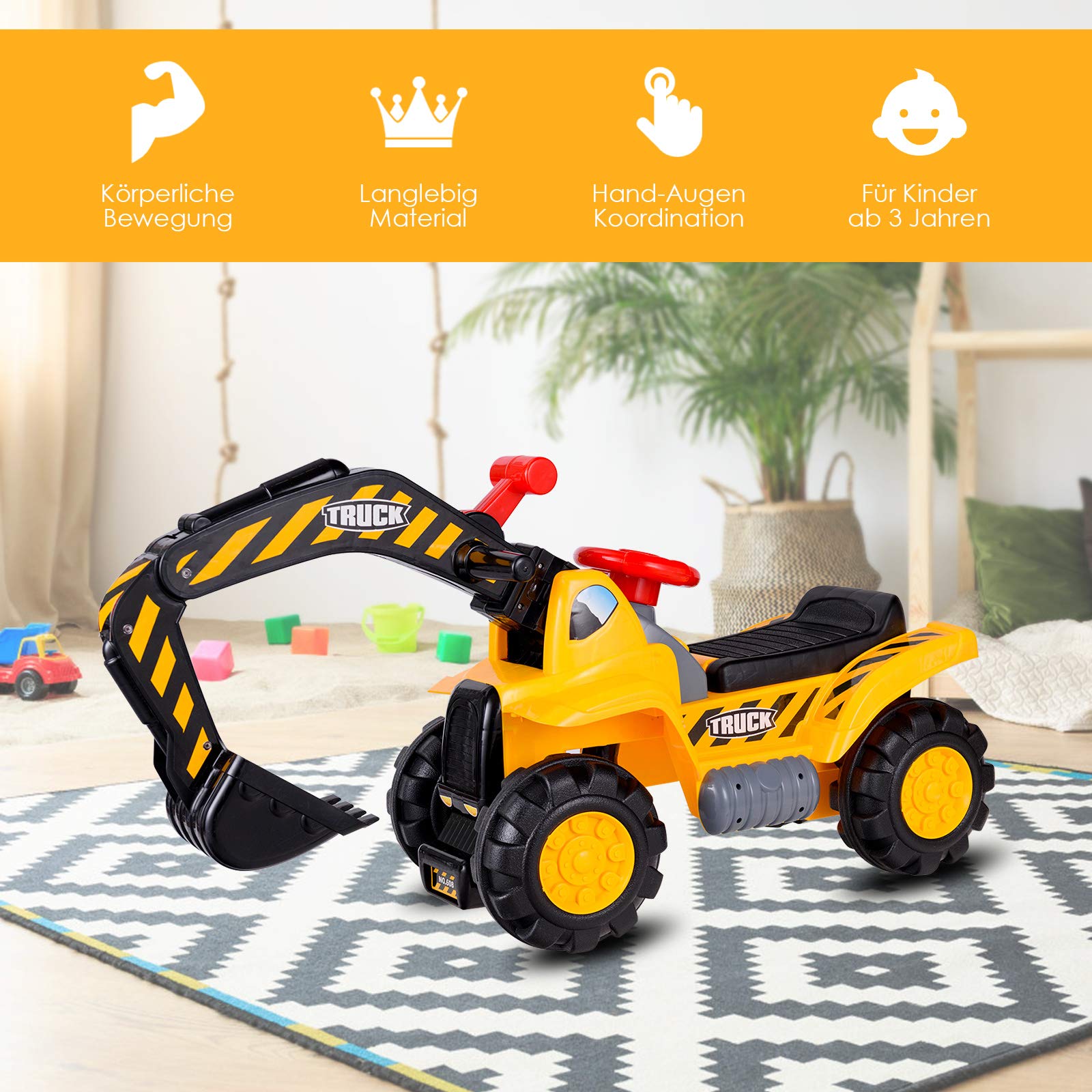 GOPLUS Sitzbagger Kinderbagger, Kinderfahrzeug Pedalfrei inkl. Schutzhelm und Künstlicher Steine, Sandspielzeug mit LED-Licht, Musik, Funktionstüchtiger Schaufelbagger für Kinder ab 3 Jahre
