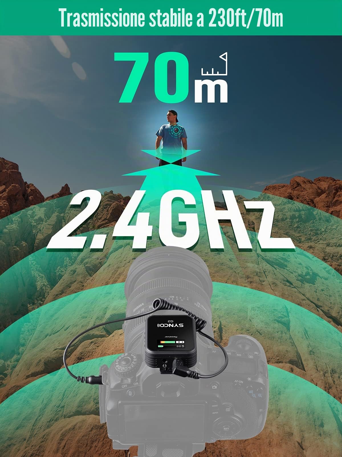 SYNCO G2 A1 Lavalier - Microfono senza fili, con sistema fino a 70 m, per fotocamera DSLR, videocamera, smartphone, Gopro PC, laptop, per interviste, riunioni online e corsi di streaming video