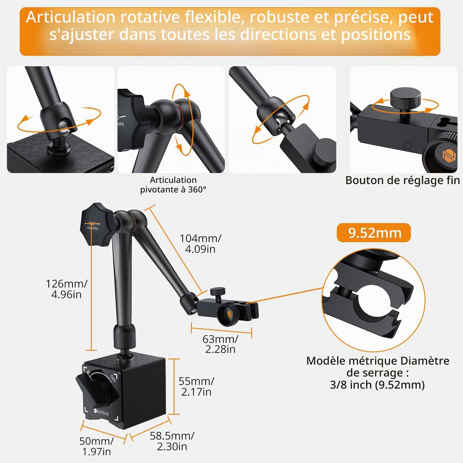 Neoteck 80KG Base Magnétique avec Bras Articulé pour Indicateur Numérique ou à Cadran – Support en Acier avec Interrupteur ON/OFF – Pour Usinage et Mesure de Précision - Noir