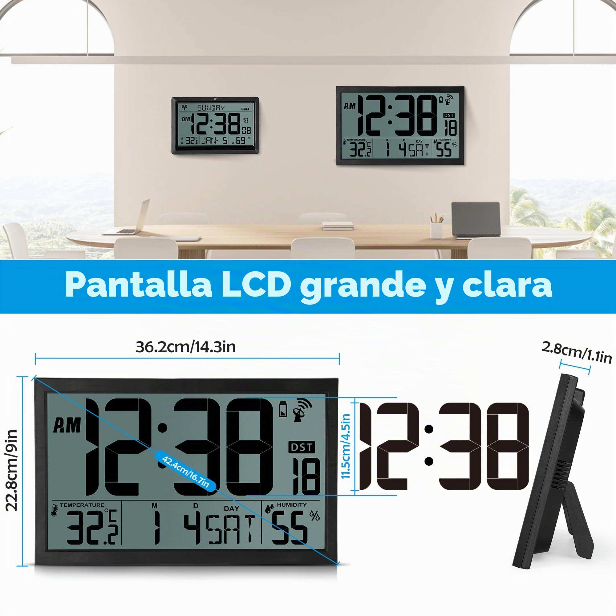 Sukeen Reloj de pared LCD controlado por radio, grande, digital, funciona con pilas, reloj atómico de escritorio de 16.7 pulgadas con temperatura, humedad, fecha, día, DST para oficina en casa