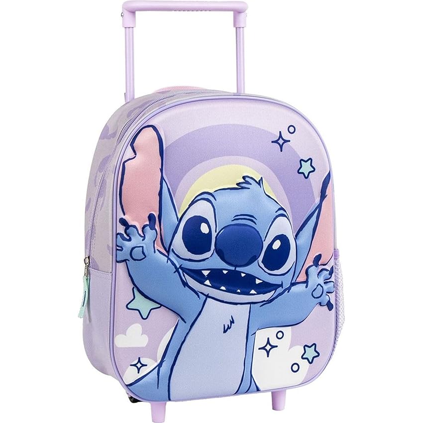Zaino trolley originale Disney Stitch con ruote e manico estensibile | Zaino scolastico Stitch viola con motivo arcobaleno per bambine e bambini