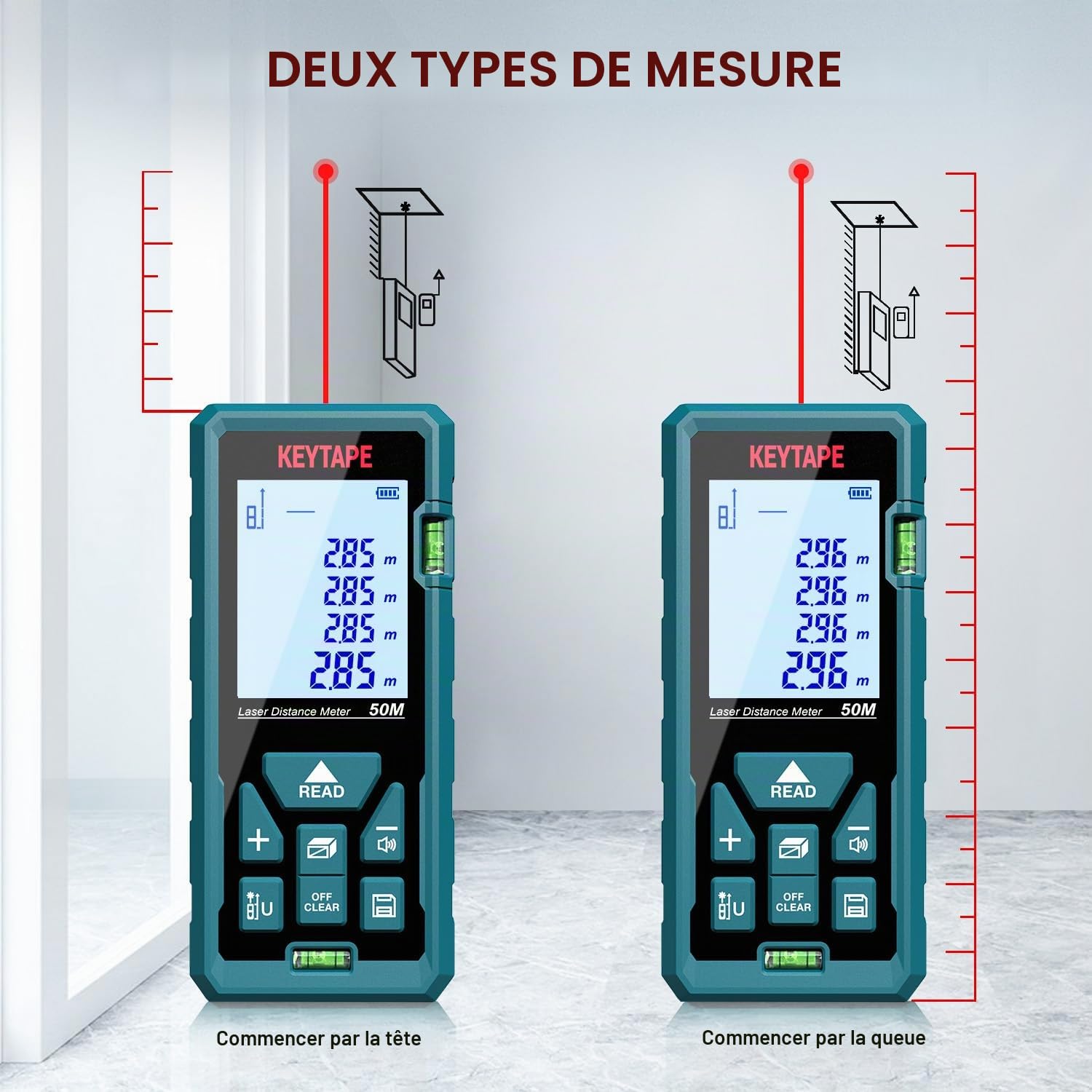 Télémètre Laser Numérique,KEYTAPE DT50 50m Mètre Laser numérique,Mesure du théorème de Longueur/Zone/Volume/Théorème de Pythagore avec Rétroéclairage LCD, IP54