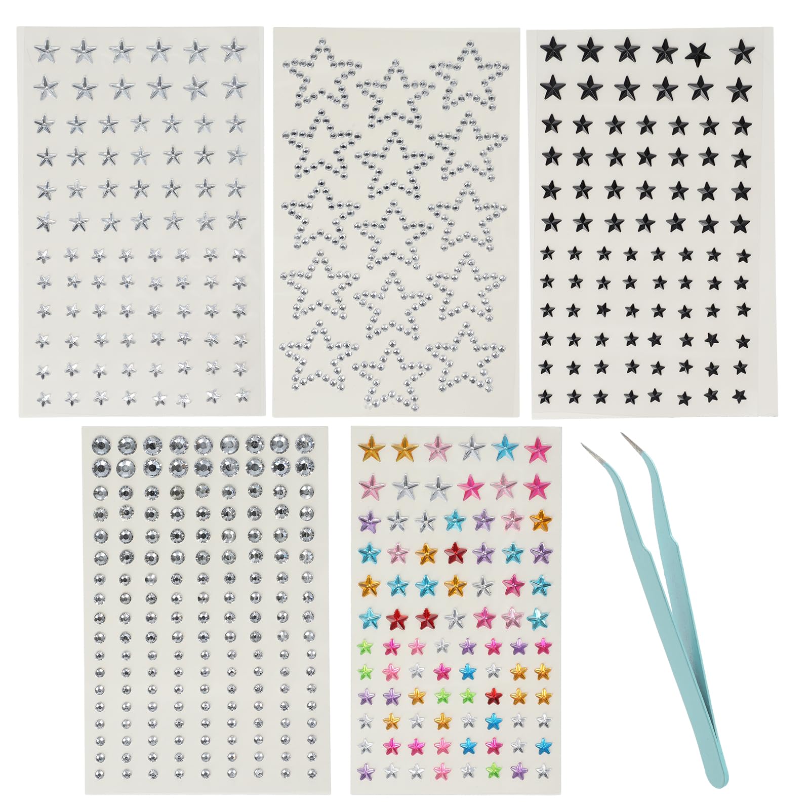 5 Sheets Face Gems, Star Face Stickers, Gem Stickers with 1 Blue Tweezers, Makeup Gems for Eyes, Hair, Nails, Body, Crafts, Making You More Refined and Attracting Others Attention