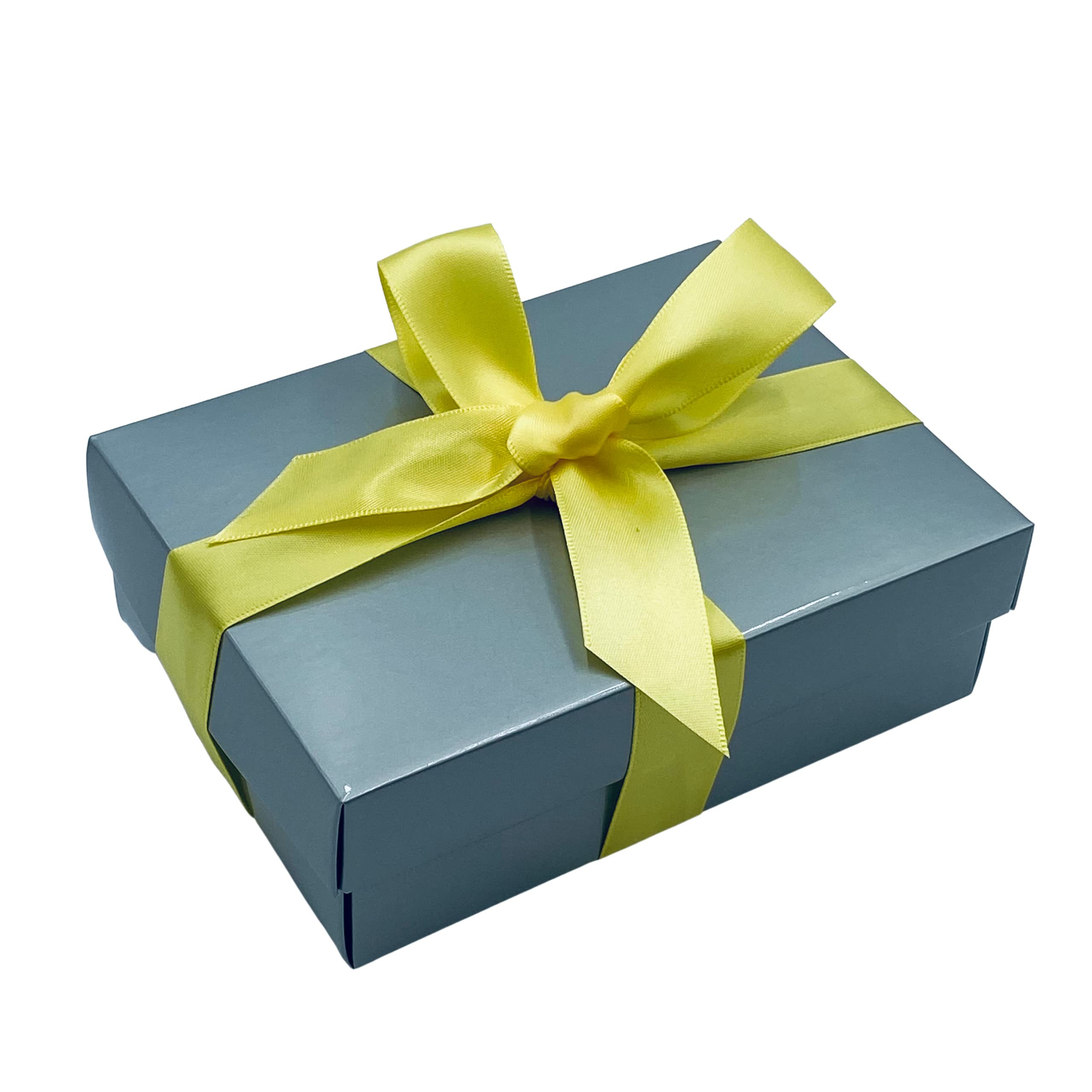 Silver Gift Box with Lid | Pick Your Ribbon Colour | Small Flat-Packed Gift Boxes for Presents, Birthday or Baby Gifts | Size 148x105x50mm (Yellow Ribbon 12)