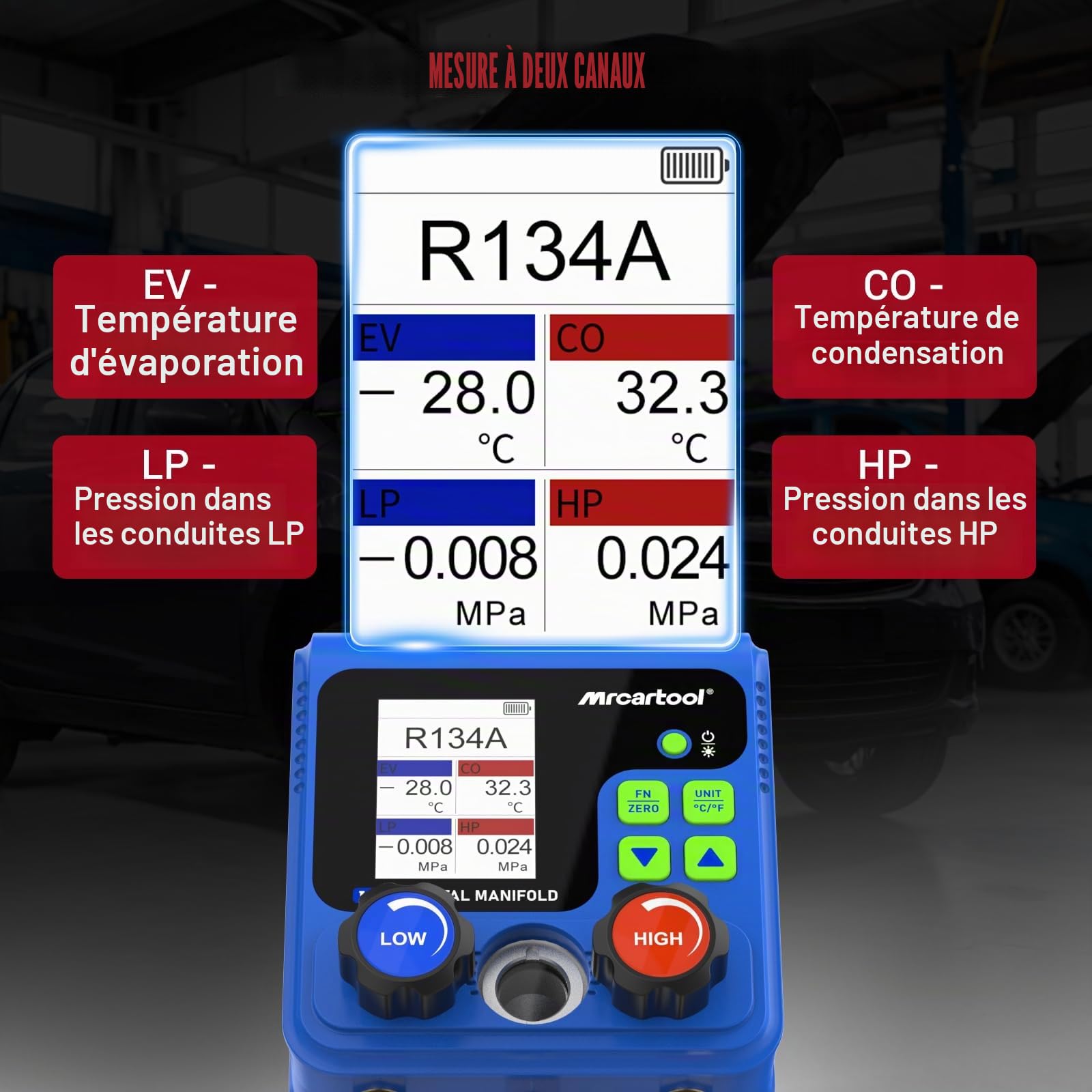 Montage Numérique Manifold Gauge Kit Recharge Climatisation Voiture Digitale HVAC Manifold Gauge Manometer pour Charger 90 Réfrigérants R134A R410A R32