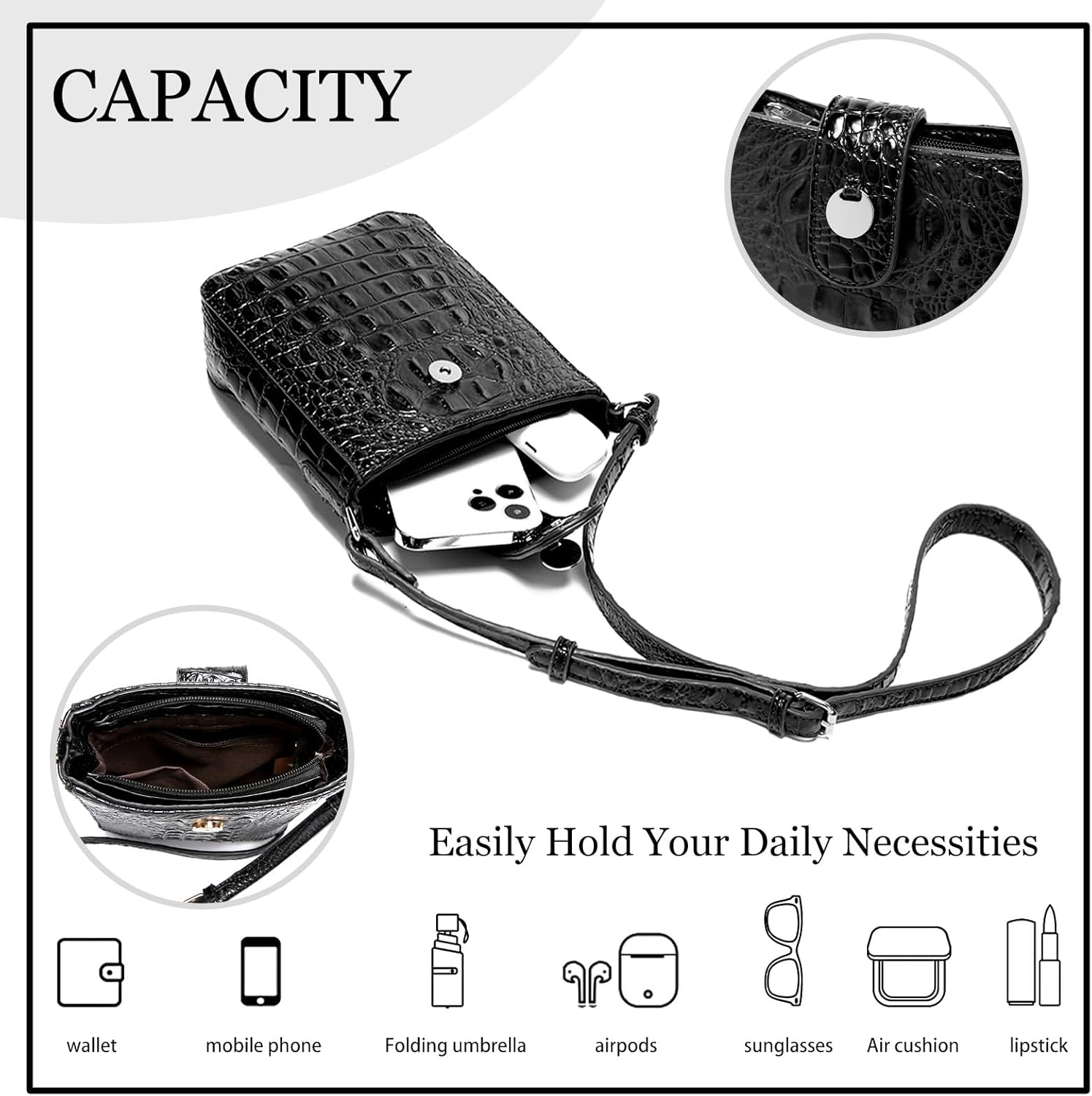 Crocodile Embossed Small Crossbody Bag Fashionable Magnetic Buckle Decoration Shoulder Women's Luxury Wallet - Image 5