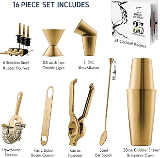 EATEX Bar Set Cocktail Shaker Set, Stainless Steel Mixology Bartender Kit, 16 Piece Cocktail Kit, Gold Cocktail Set, Bar Tools: 30oz Martini Shaker, Muddler, Bar Kit Cocktail Book, Jigger and Pourers