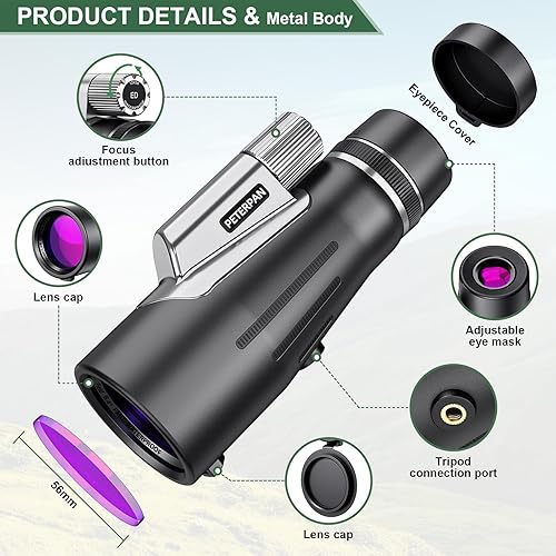 Miniatura 2 de PETERPAN 12 × 56 ED Monocular Telescope monocular high-Power Compact with a Tripod and Smartphone Adapter SMC Coating BAK&Prism IPX7 nitrogen Filled