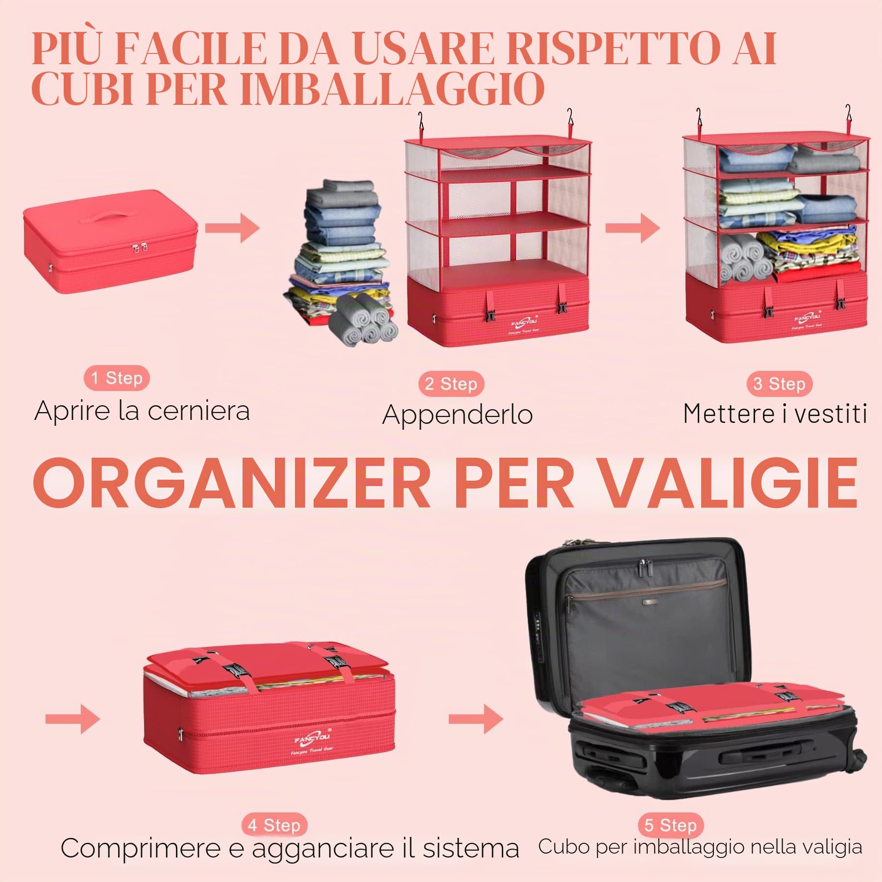Cubi da Appendere per Borse Organizer per Valigie, Armadio Portatile del Tessuto di Nylon Migliorato 44 * 30 * 65cm, Imballaggio di Compressione e Disimballaggio in un Passo (Rosso)