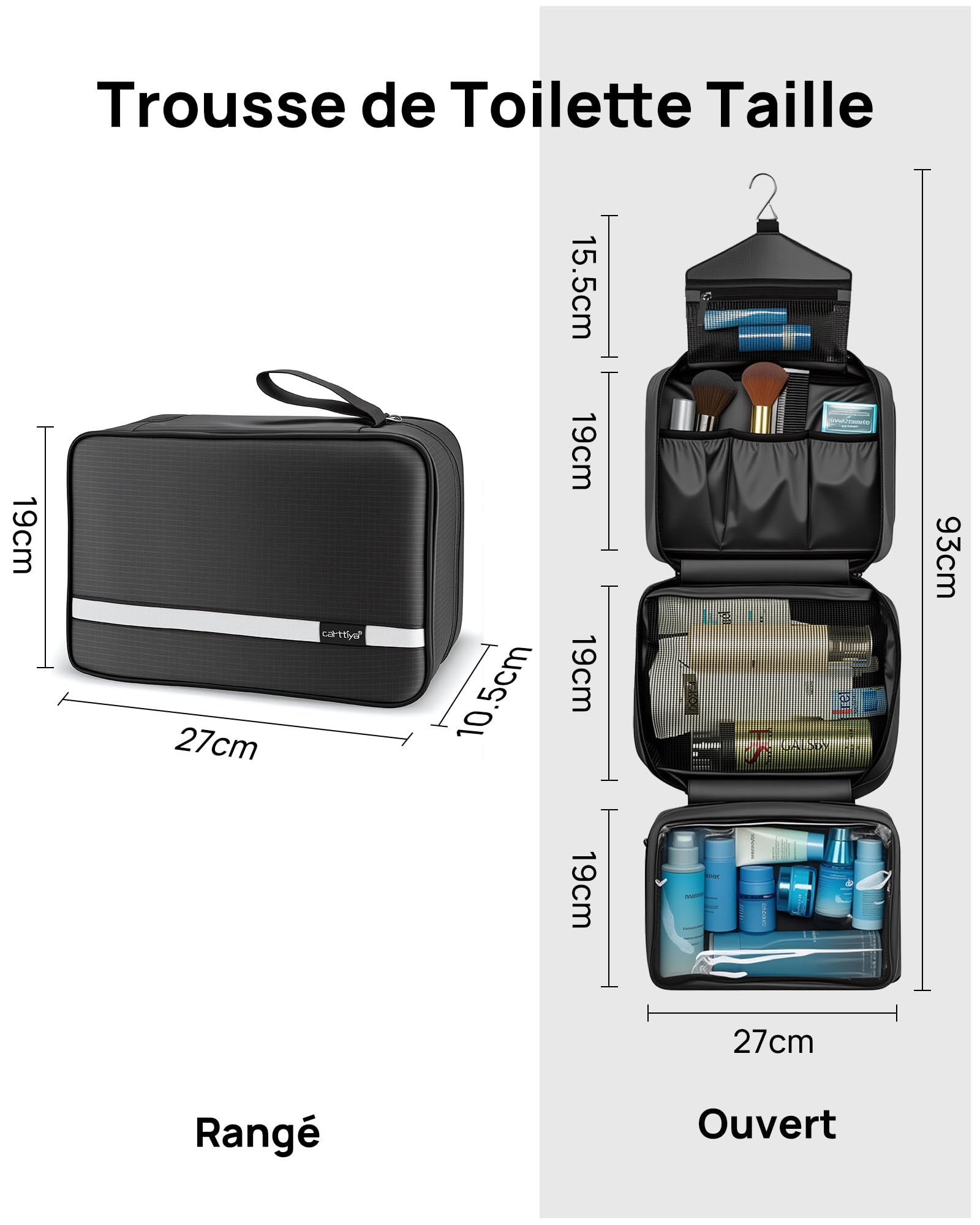 Carttiya Trousse de Toilette-Trousse de Toilette Voyage pour Homme et Femmes, Sac de Toilette Voyage Imperméable et Suspendu, Noir - 3