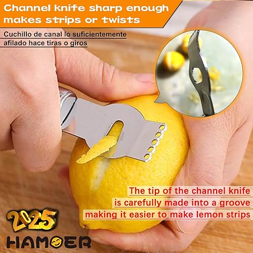 Miniatura 3 de Citrus Lemon Zester & Channel Knife Tool para barra de cocina, hoja de acero inoxidable, diseño ergonómico, mango de madera y mango de goma y