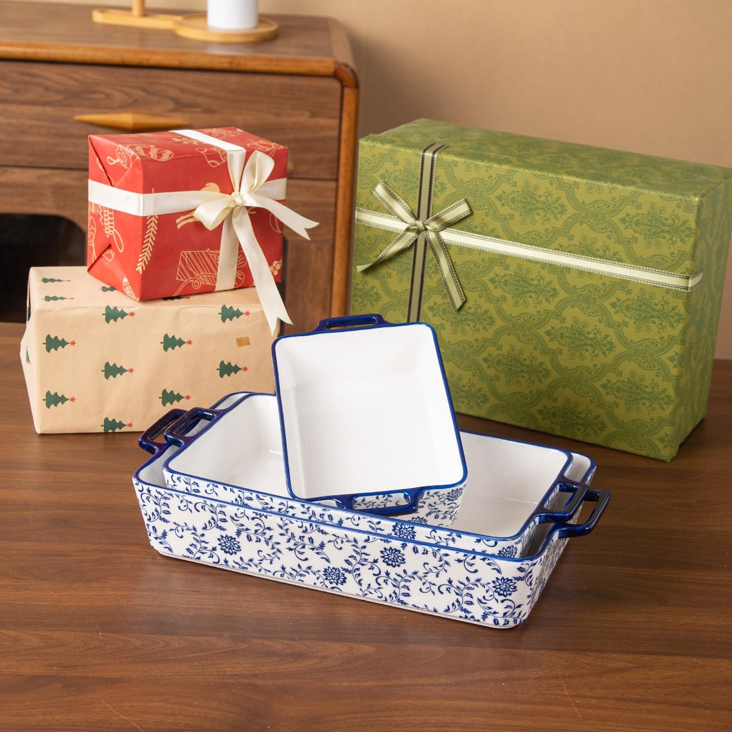 Ceramic Bakeware Set - Casserole Dish Baking Dishes for Oven - Rectangular Lasagna Pans with Handles for Kitchen Cooking - Microwave & Dishwasher Safe - Set of 3 (15.1''/13.6''/9.9'') - Blue