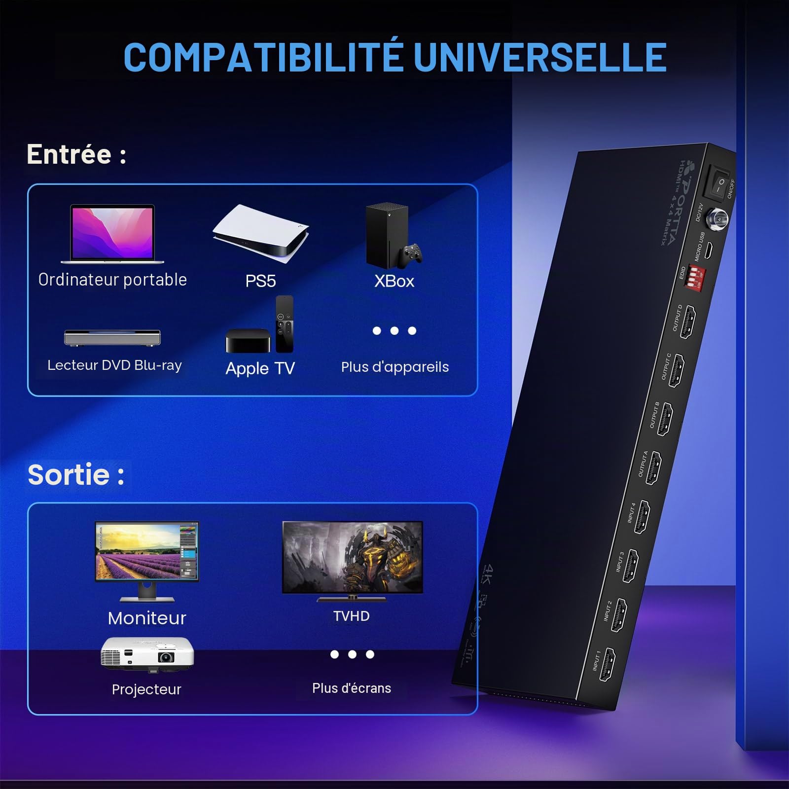 4x4 HDMI Matrix 4K 60Hz, PORTTA 4 in 4 Out Switch Splitter avec Arc, Toslink 3.5mm Audio Extractor, 16 EDID Modes, 4K Downscale, et IR Remote Soutien HDMI 2.0b, HDCP 2.3/2.2/1.4, HDR, 18Gbps