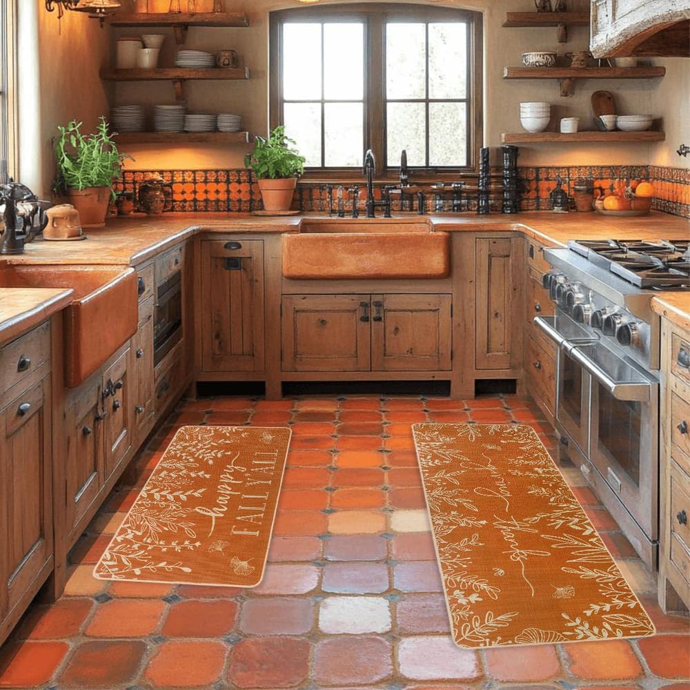 Happy Fall Y’All Kitchen Mats Set of 2,Orange Giving Thanks Autumn Leaves Low-Profile Holiday Home Decor Kitchen Rugs for Home Kitchen Floor 17x29 and 17x47 Inch