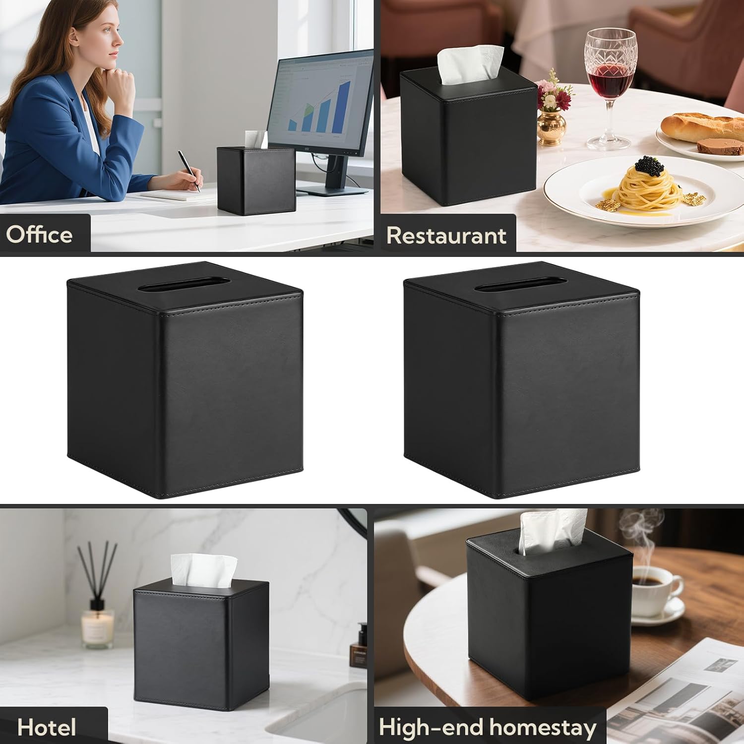4 Pack PU Leather Tissue Box Cover Square Tissue Box Holder with Magnetic Closure, Black Tissue Box Cover, Black Tissue Box Holder, Decorative Tissue Holder for Bathroom Bedroom Office