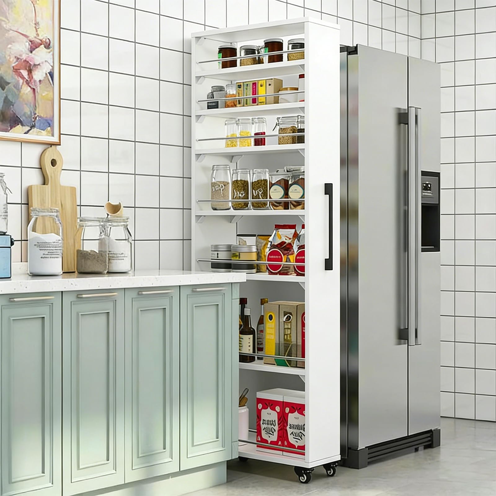 Carrito estrecho con ruedas blanco de 55x20x184cm para cocina