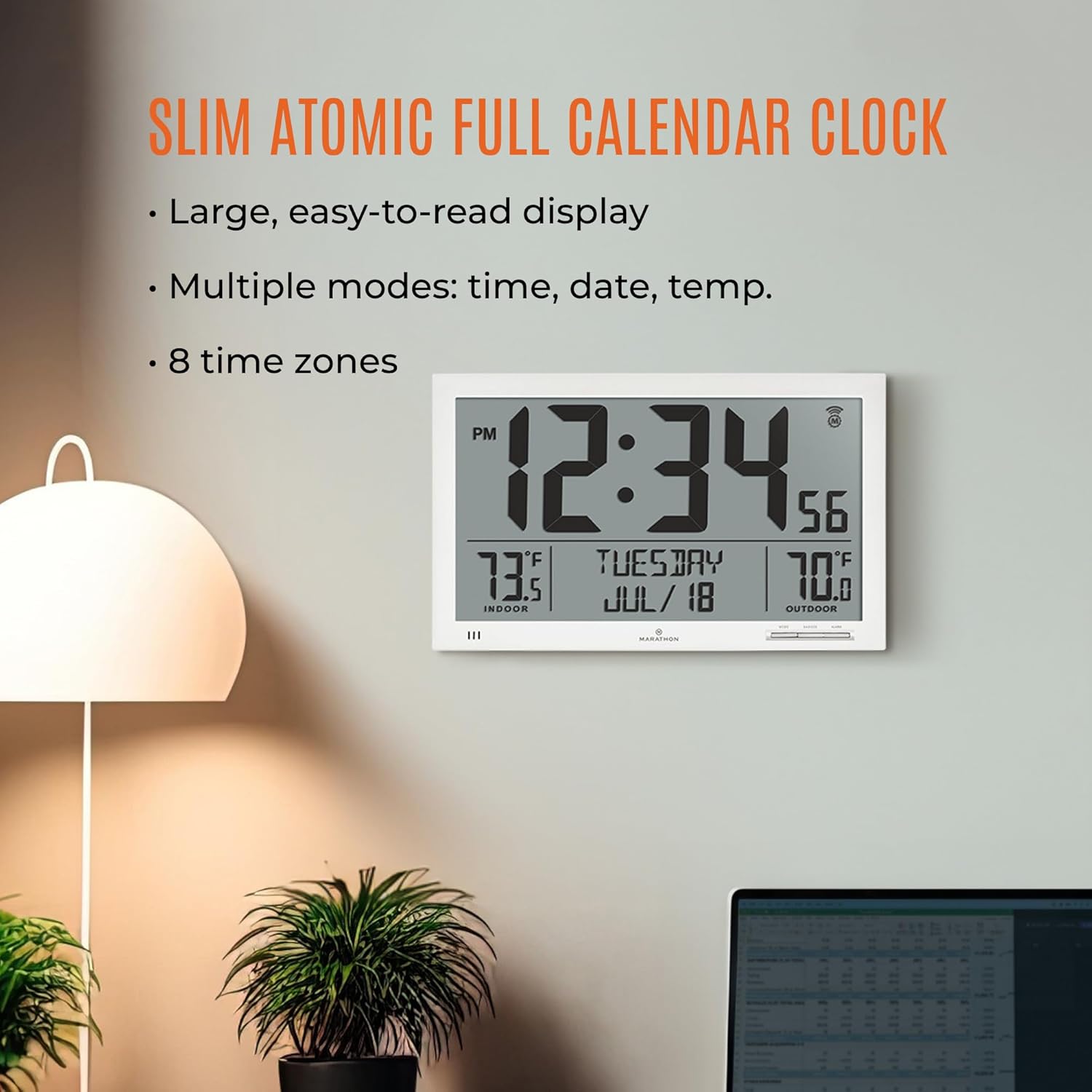 Marathon Slim Atomic Wall Clock mounted on a wall, showing its large, easy-to-read display.