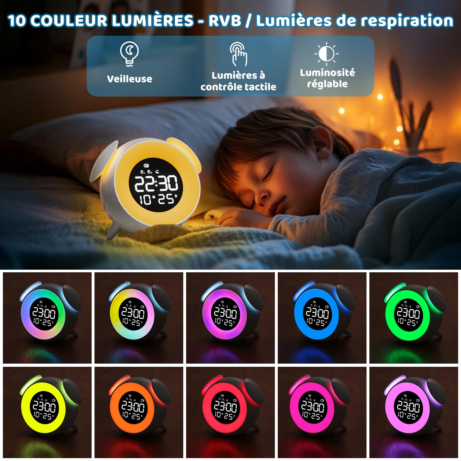 Reveil Enfant Numérique, Réveil Enfant Educatif Jour/Nuit, LED Horloge Digitale avec Snooze, 2 Alarmes, 10 Couleur lumières, 7 Sonneries, 12/24H, Lumière d'Éveil/Coucher Soleil