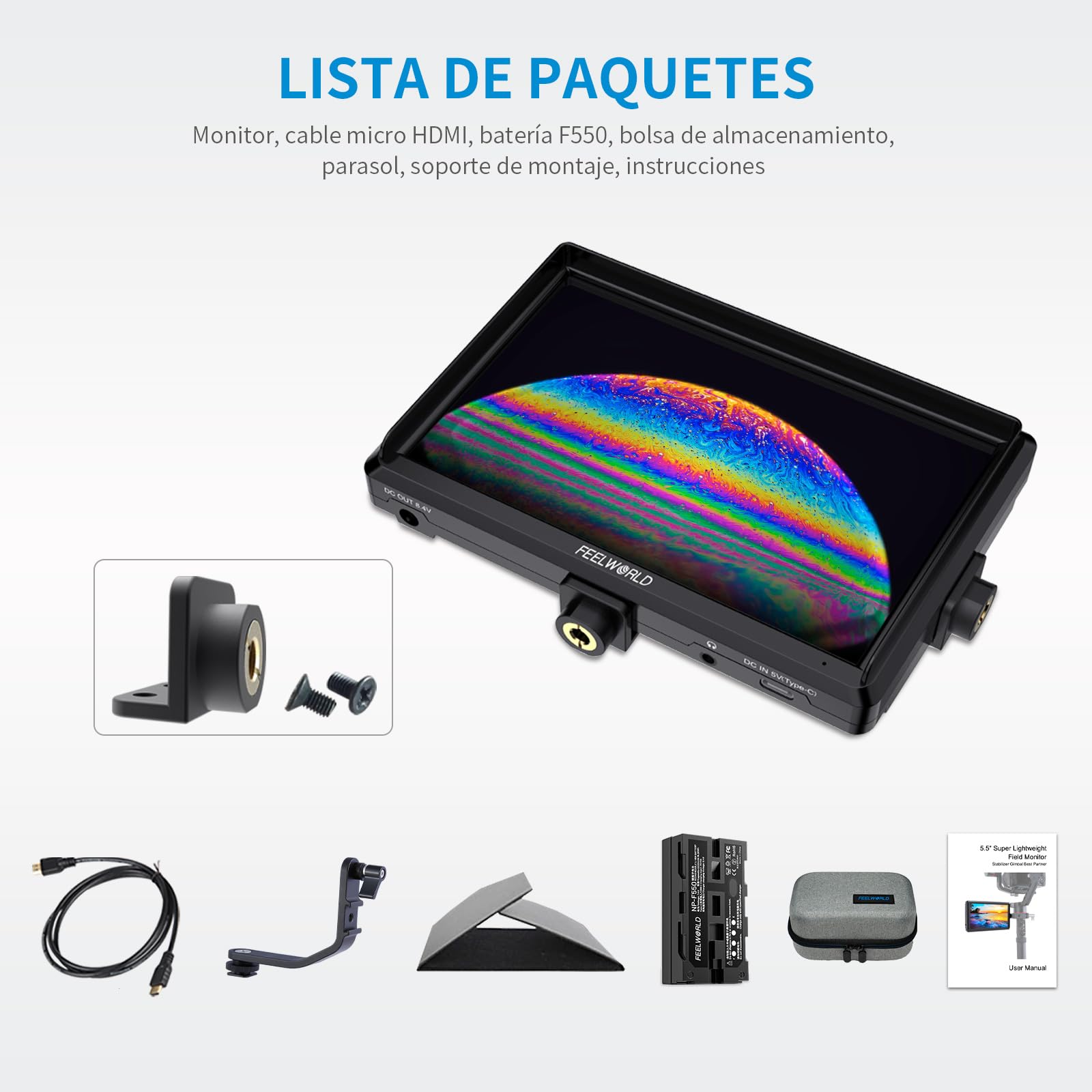 Feelworld S55 5.5 Pulgadas On Camera Field Monitor de Campo DSLR Cámara Small Full HD 1920x1152 IPS Peaking Focus Video Assist con 4K HDMI 8.4V DC Input Output Incluyen Tilt Arm