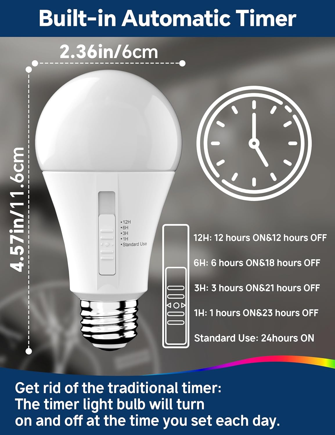 Timer Light Bulb Indoor: A19 Light Bulb with Timer Built in, 13W LED Bulbs 100 Watt Equivalent, 5000K Daylight, Outdoor Automatic Light Bulbs for Porch Lamps, 4 Pack