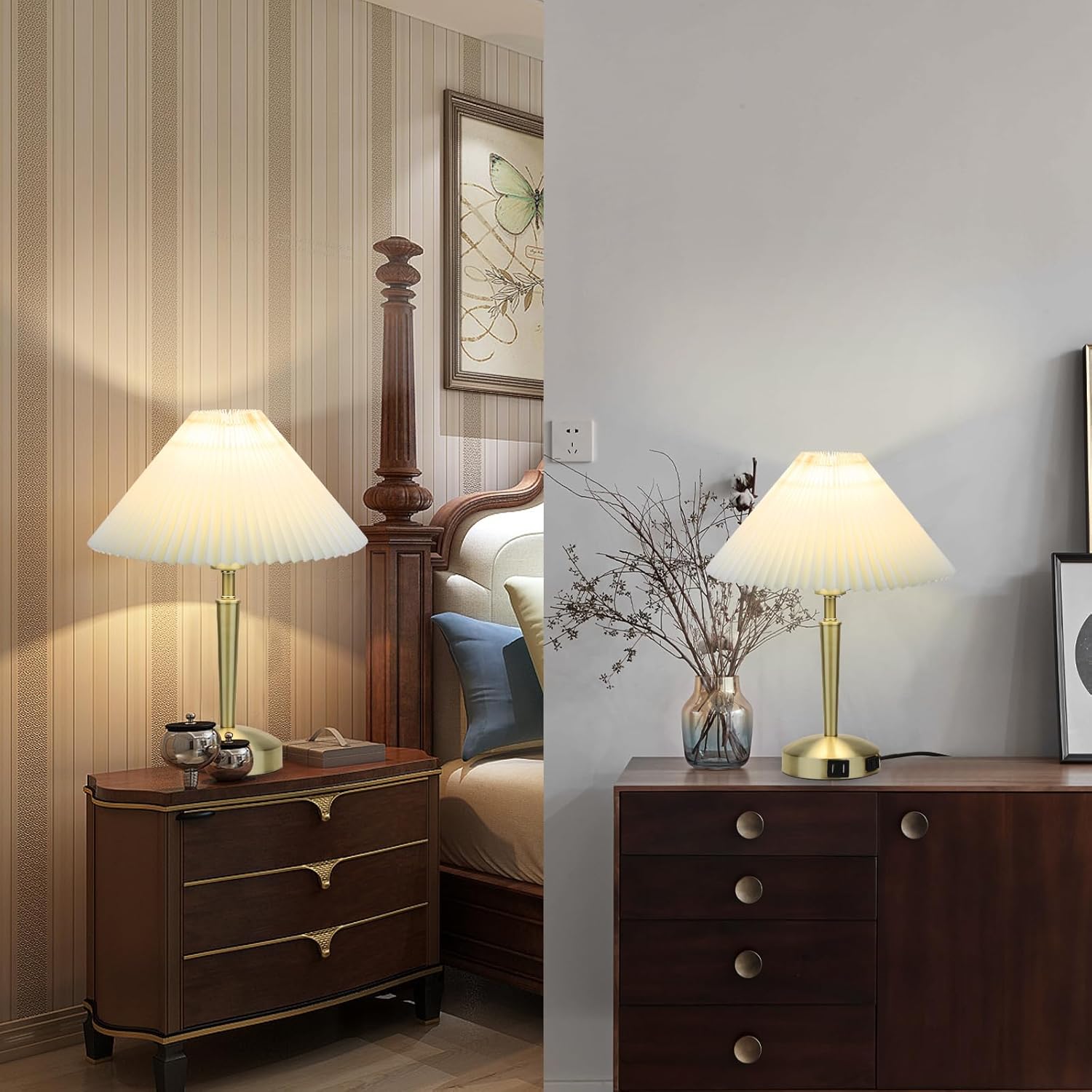 Touch Bedside Table Lamp - Modern Small Lamp for Bedroom Living Room Nightstand, Desk lamp with Fabric Lamp Shade, Warm LED Bulb, 3 Way Dimmable, Simple Design Mother's Day Gifts (Gold)