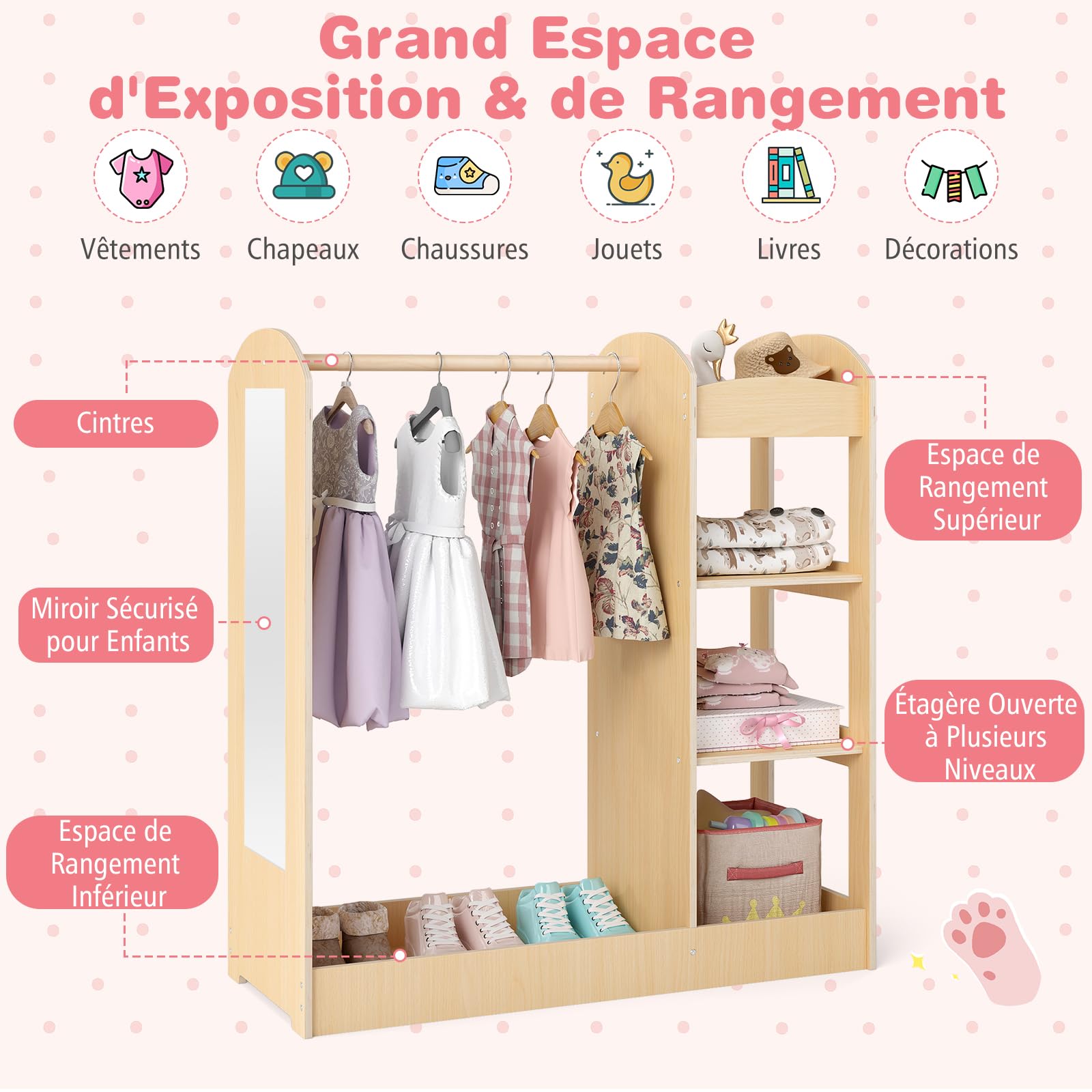 DREAMADE Portant Enfant avec Miroir et Étagère Penderie Fille 2+ Ans en Bois avec Tringle à Vêtements Garde-Robe Tout-Petits Jolie & Robuste & Stable (Naturel)