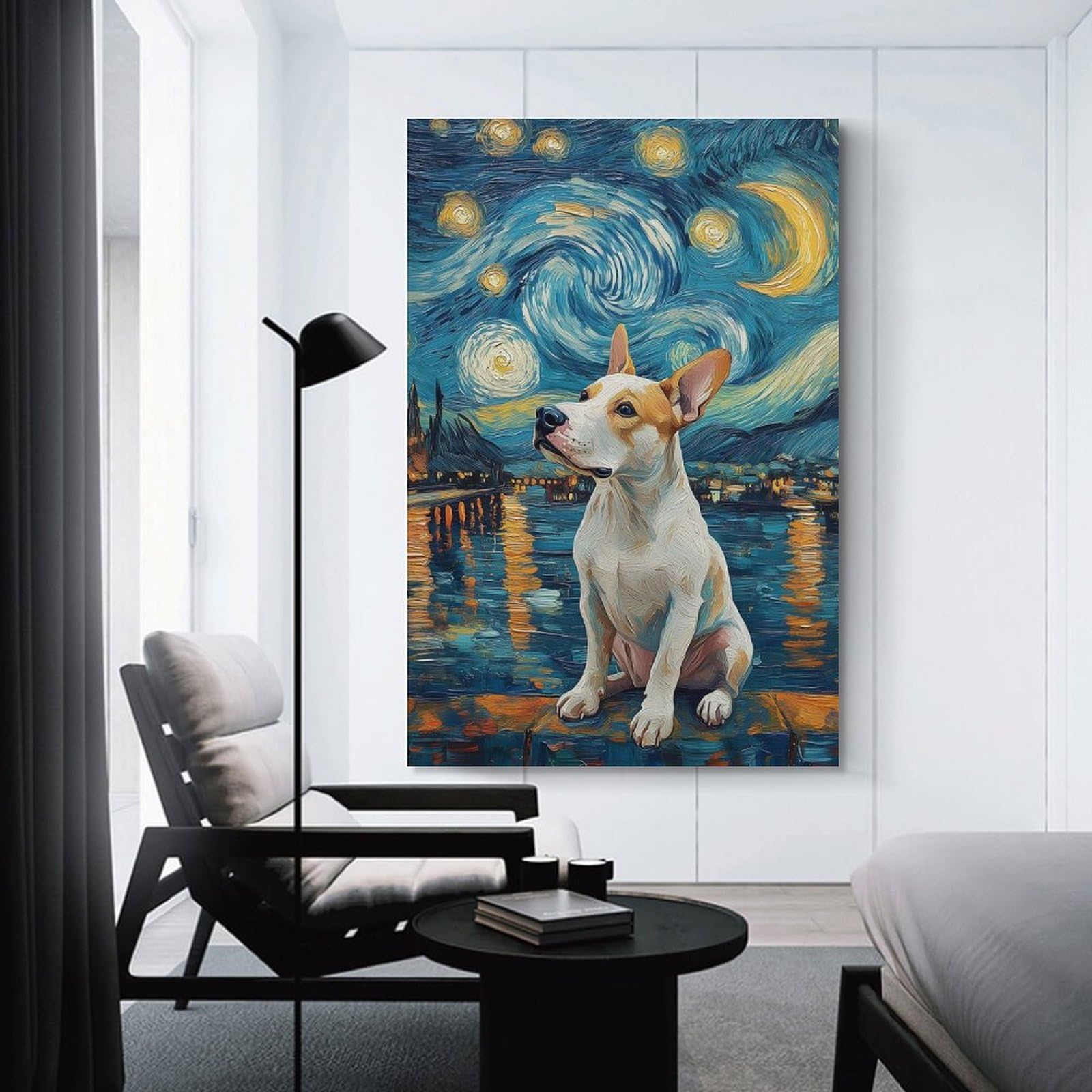 Junmoney Dog in Starry Night Style Van Gogh Painting Decorative Canvas Print, 24x36inch(60x90cm), for Gallery Wall Decor And Room Displays, Wall Decor Suited to Curated Displays