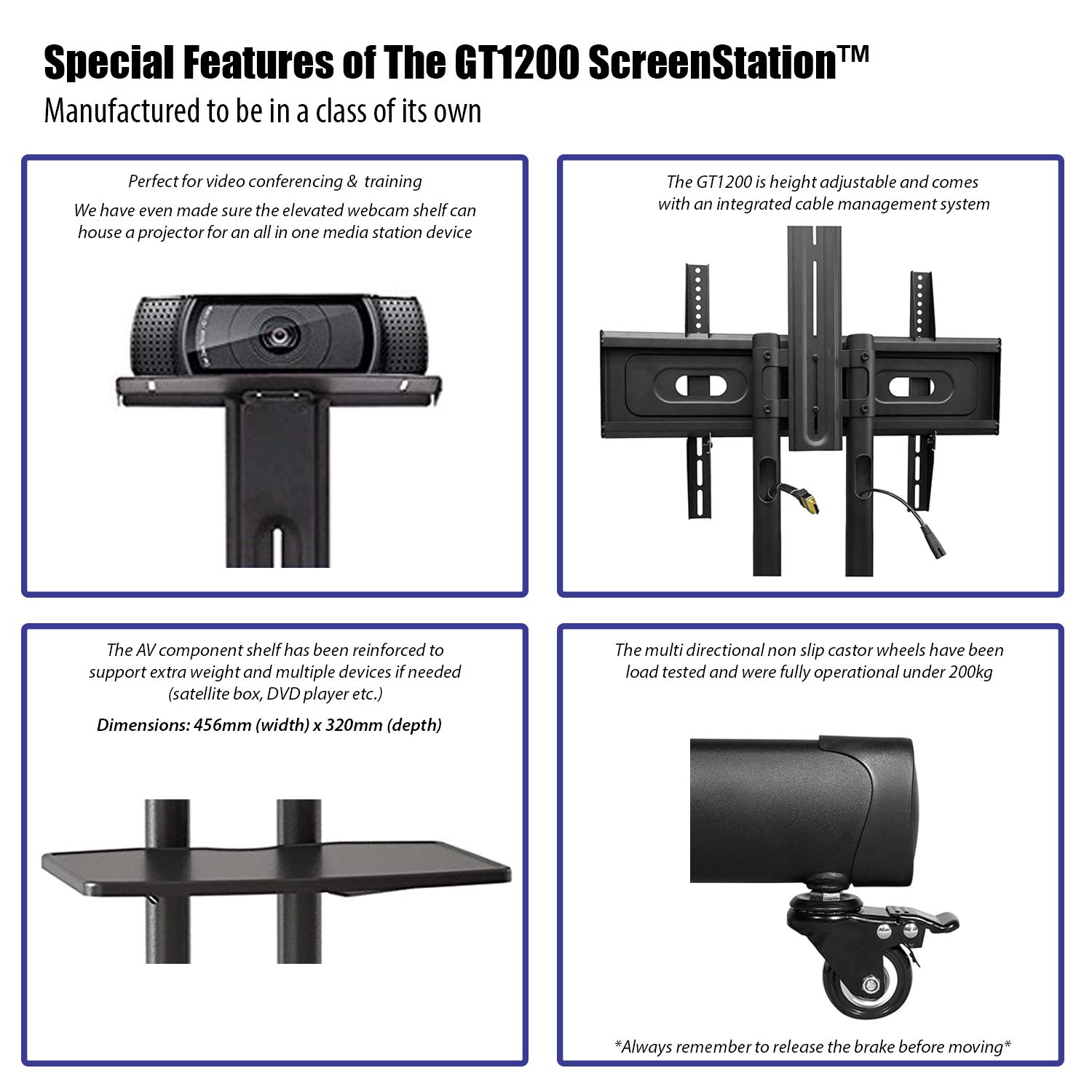 Invision GT1200 Mobile TV Stand on Wheels For 3265 Inch TVs Anti Tip