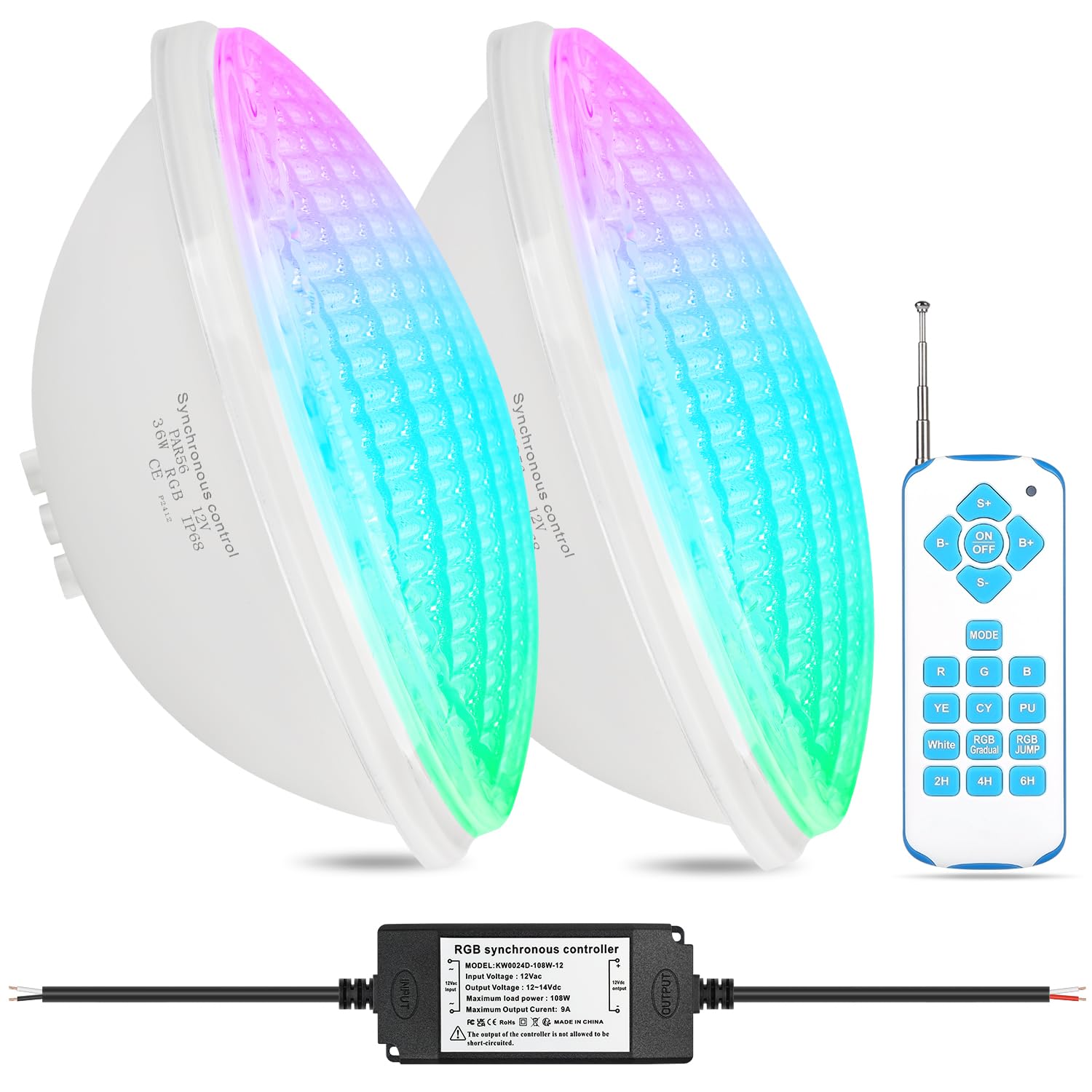 COOLWEST LED Piscina PAR56 36 W, Proiettore Piscina RGBW Multicolore Sincronizzatore Esterno con Telecomando IP68, AC 12 V, Dimmerabile per Illuminazione Giardino Acquario (Set di 2)