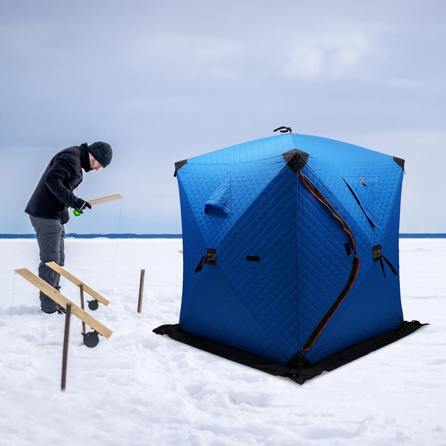 Portable Ice Fishing Tent, Fishing Shelter, 1-2 Person Thermal Ice Fishing Tent for Ice Fishing Winter Fishing Camouflage,Red/Blue/Orange/Camouflage