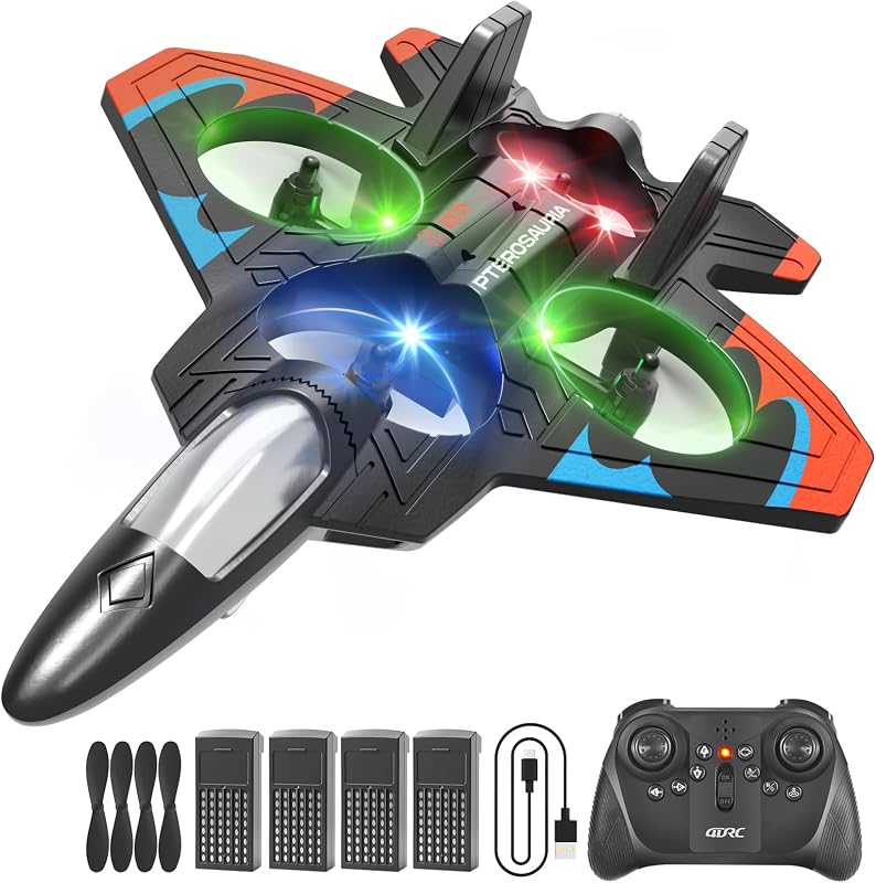 V32 Foam RC Plane Drone with 4 Batteries, 80 Mins Long Flight RC Airplane Helicopter Fighter Jet for Kids Adults 8-16, 360° Flip Stunt Altitude Hold RC Airplane Helicopter Toy Gift for Beginners